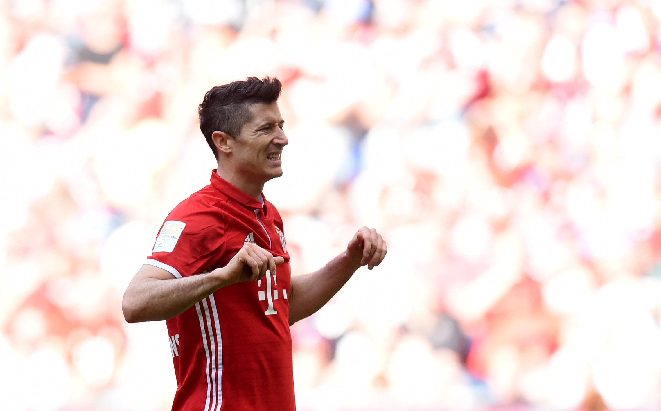 Bayern Munich's Polish striker Robert Lewandowski reacts during the German First division Bundesliga football match between FC Bayern Munich and SV Darmstadt 98 in Munich on May 6, 2017. / AFP PHOTO / Christof STACHE / RESTRICTIONS: DURING MATCH TIME: DFL RULES TO LIMIT THE ONLINE USAGE TO 15 PICTURES PER MATCH AND FORBID IMAGE SEQUENCES TO SIMULATE VIDEO. == RESTRICTED TO EDITORIAL USE == FOR FURTHER QUERIES PLEASE CONTACT DFL DIRECTLY AT + 49 69 650050
(Photo credit should read CHRISTOF STACHE/AFP/Getty Images)