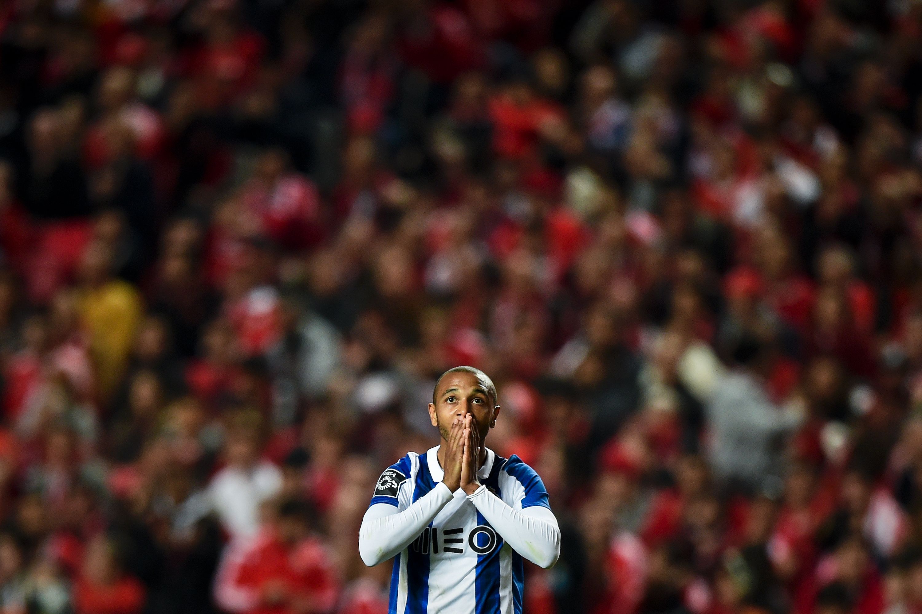 Porto's French forward Yacine Brahimi gestures after missing a goal opportunity during the Portuguese league football match SL Benfica vs FC Porto at the Luz stadium in Lisbon on April 1, 2017. / AFP PHOTO / PATRICIA DE MELO MOREIRA (Photo credit should read PATRICIA DE MELO MOREIRA/AFP/Getty Images)