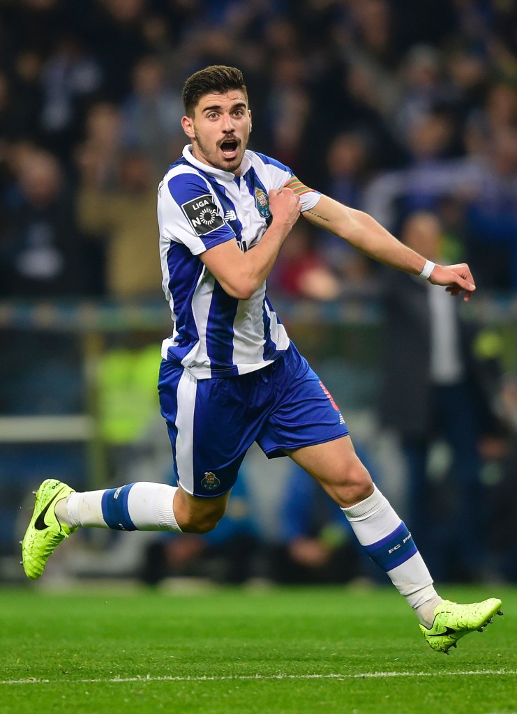 Porto's midfielder Ruben Neves celebrates after scoring during the Portuguese league football match FC Porto vs CD Tondela at the Dragao stadium in Porto on February 17, 2017. / AFP / MIGUEL RIOPA (Photo credit should read MIGUEL RIOPA/AFP/Getty Images)