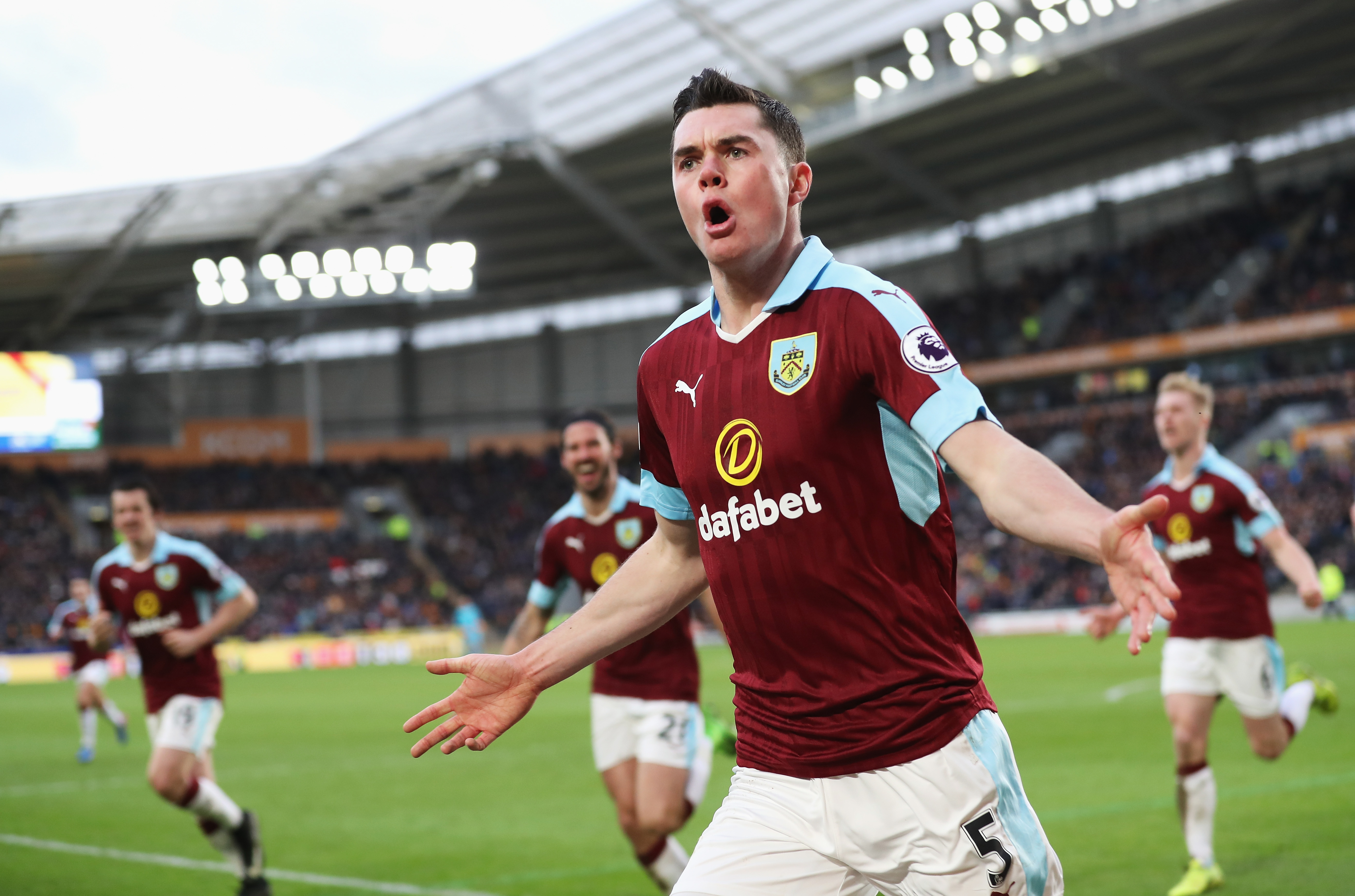 HULL, ENGLAND - FEBRUARY 25: Michael Keane of Burnley celebrates scoring his sides first goal during the Premier League match between Hull City and Burnley at KCOM Stadium on February 25, 2017 in Hull, England. (Photo by Mark Robinson/Getty Images)