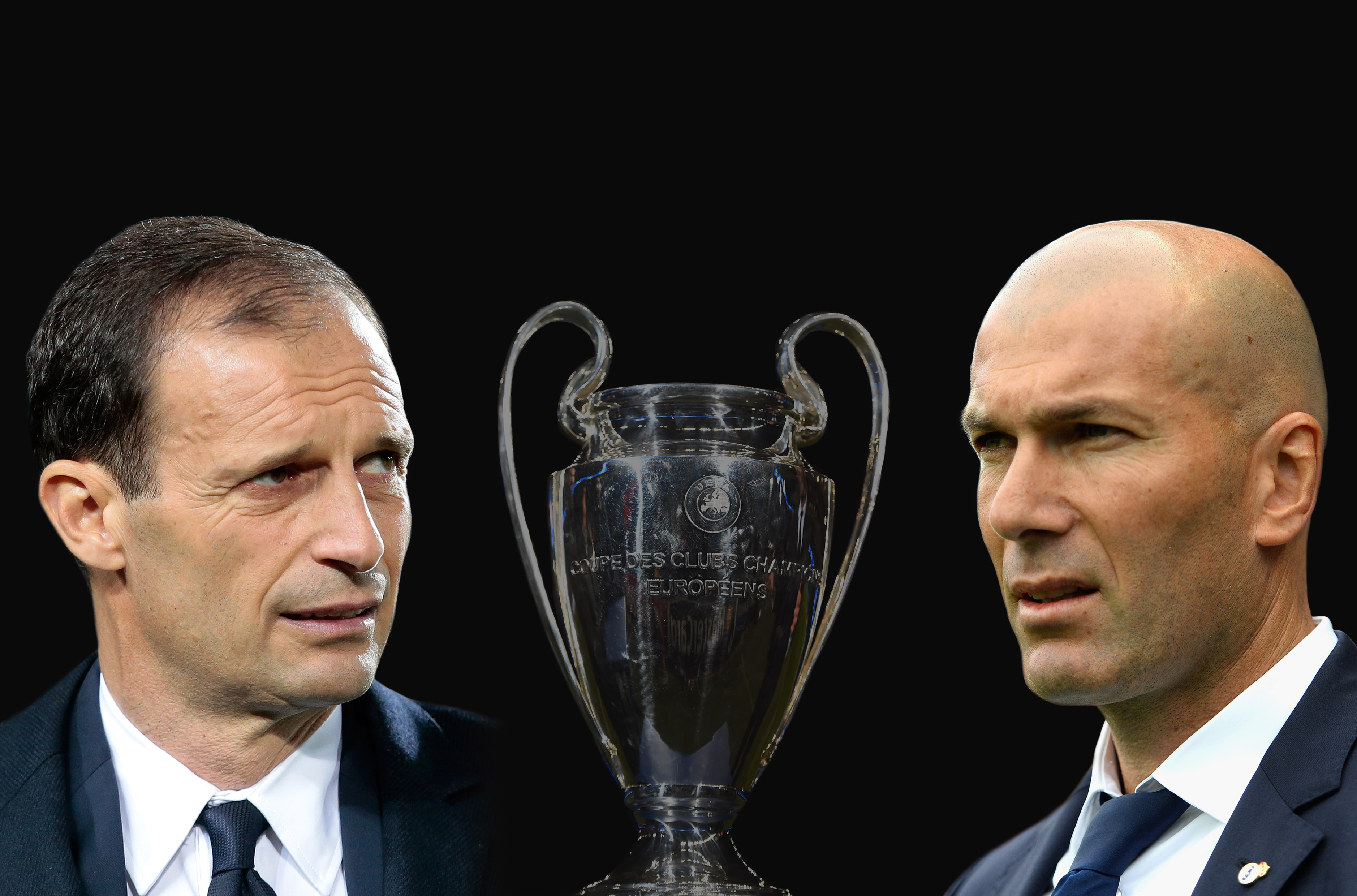 FILE PHOTO (EDITORS NOTE: GRADIENT ADDED) - Image numbers 464313758,674881574,686430224 ) In this composite image a comparision has been made between Juventus FC head coach Massimiliano Allegri and Zinedine Zidane, Head Coach of Real Madrid. Juventus and Real Madrid meet in the UEFA Champions League Final at the National Stadium of Wales on June 3, 2017 in Cardiff,Wales. ***LEFT IMAGE*** BERGAMO, ITALY - APRIL 28: Juventus FC coach Massimiliano Allegri looks on before the Serie A match between Atalanta BC and Juventus FC at Stadio Atleti Azzurri d'Italia on April 28, 2017 in Bergamo, Italy. (Photo by Emilio Andreoli/Getty Images) ***RIGHT IMAGE*** MALAGA, SPAIN - MAY 21: Zinedine Zidane, Manager of Real Madrid looks on during the La Liga match between Malaga and Real Madrid at La Rosaleda Stadium on May 21, 2017 in Malaga, Spain. (Photo by Aitor Alcalde/Getty Images)