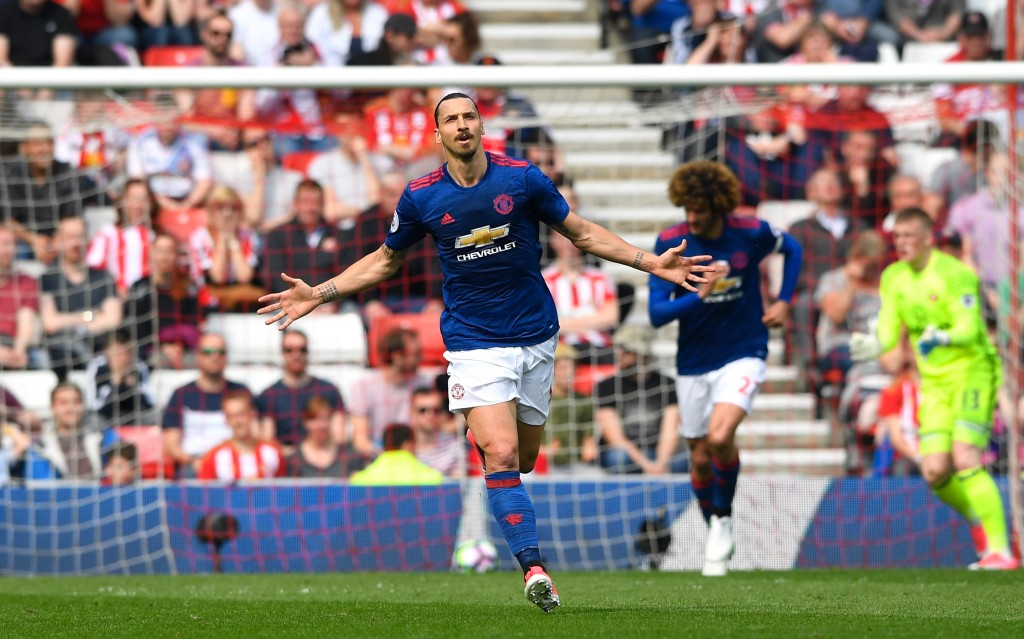SUNDERLAND, ENGLAND - APRIL 09: Zlatan Ibrahimovic of Manchester United celebrates scoring the opening goal during the Premier League match between Sunderland and Manchester United at Stadium of Light on April 9, 2017 in Sunderland, England. (Photo by Stu Forster/Getty Images)
