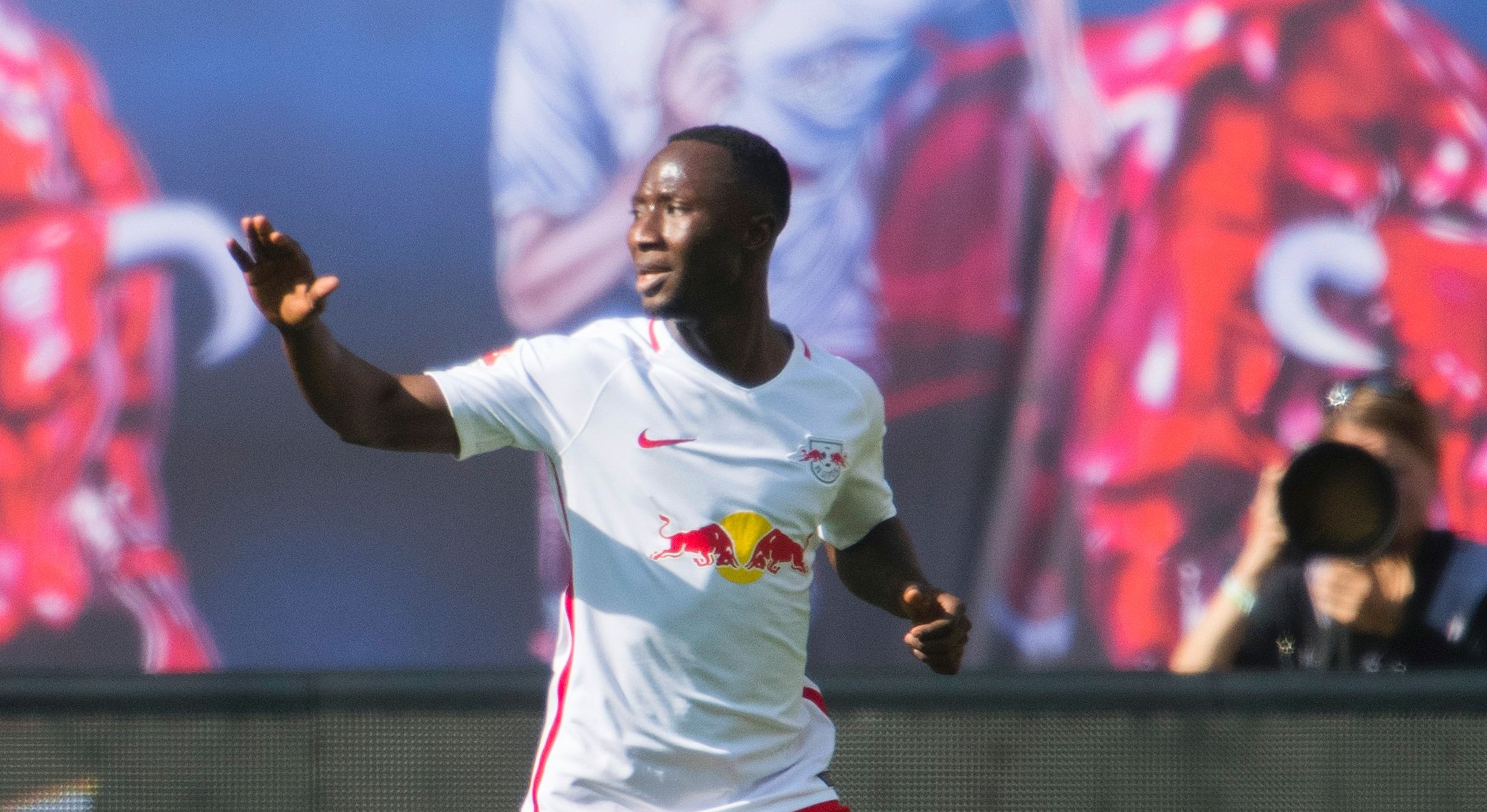 Leipzig's Guinean midfielder Naby Keita celebrates after scoring the 1-0 during the German First division Bundesliga football match between RB Leipzig and SV Darmstadt 98 in Leipzig, on April 1, 2017. / AFP PHOTO / ROBERT MICHAEL / RESTRICTIONS: DURING MATCH TIME: DFL RULES TO LIMIT THE ONLINE USAGE TO 15 PICTURES PER MATCH AND FORBID IMAGE SEQUENCES TO SIMULATE VIDEO. == RESTRICTED TO EDITORIAL USE == FOR FURTHER QUERIES PLEASE CONTACT DFL DIRECTLY AT + 49 69 650050
(Photo credit should read ROBERT MICHAEL/AFP/Getty Images)