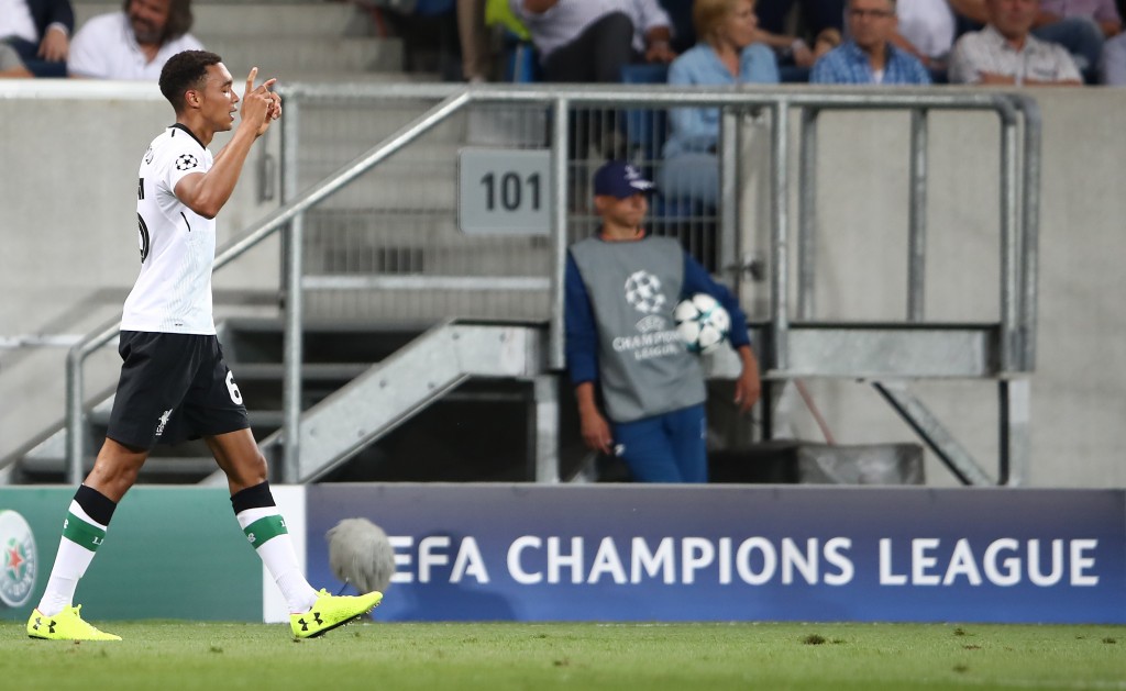 SINSHEIM, GERMANY - AUGUST 15: Trent Alexander-Arnold of Liverpool celebrates after scoring during the UEFA Champions League Qualifying Play-Offs Round First Leg match between 1899 Hoffenheim and Liverpool FC at Wirsol Rhein-Neckar-Arena on August 15, 2017 in Sinsheim, Germany. (Photo by Alex Grimm/Bongarts/Getty Images)