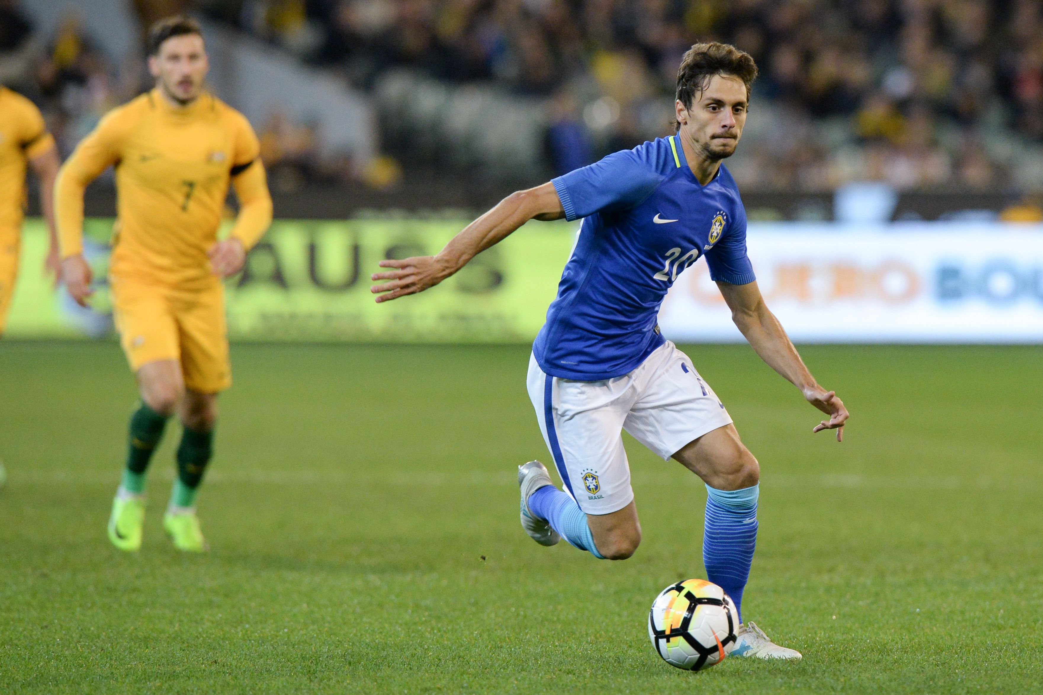 Rodrigo Caio Russo of Brazil controls the ball during the friendly international football match between Brazil and Australia in Melbourne on June 13, 2017.  / AFP PHOTO / Mal Fairclough / IMAGE RESTRICTED TO EDITORIAL USE - STRICTLY NO COMMERCIAL USE        (Photo credit should read MAL FAIRCLOUGH/AFP/Getty Images)