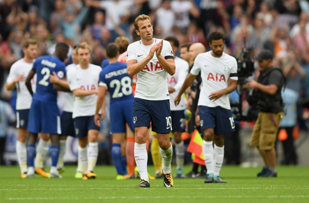 LONDON, ENGLAND - AUGUST 20: Harry Kane of Tottenham Hotspur shows appreciation to the fans after the Premier League match between Tottenham Hotspur and Chelsea at Wembley Stadium on August 20, 2017 in London, England. (Photo by Shaun Botterill/Getty Images)