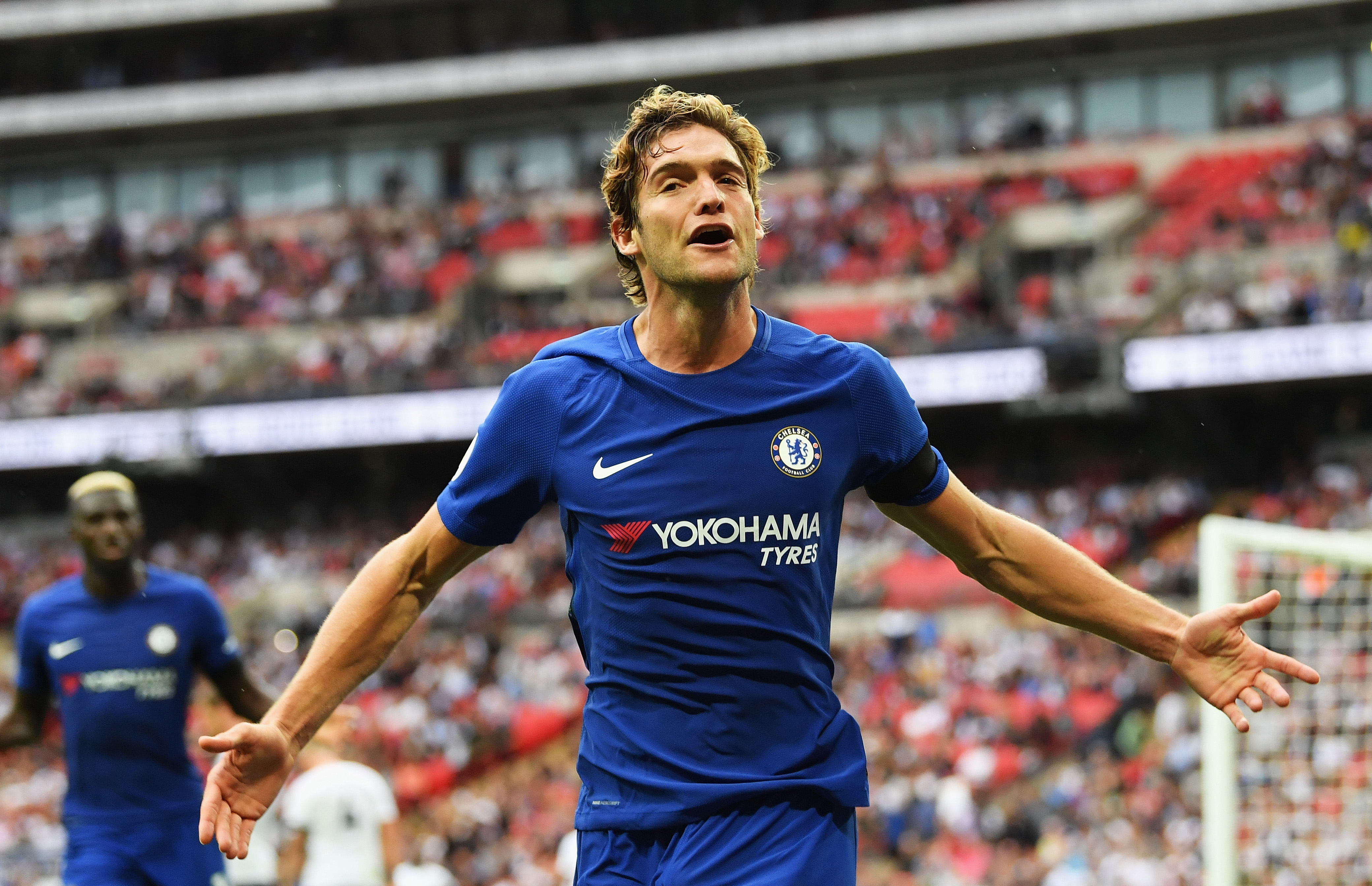 LONDON, ENGLAND - AUGUST 20: Marcos Alonso of Chelsea celebrates scoring his sides second goal during the Premier League match between Tottenham Hotspur and Chelsea at Wembley Stadium on August 20, 2017 in London, England. (Photo by Justin Setterfield/Getty Images)