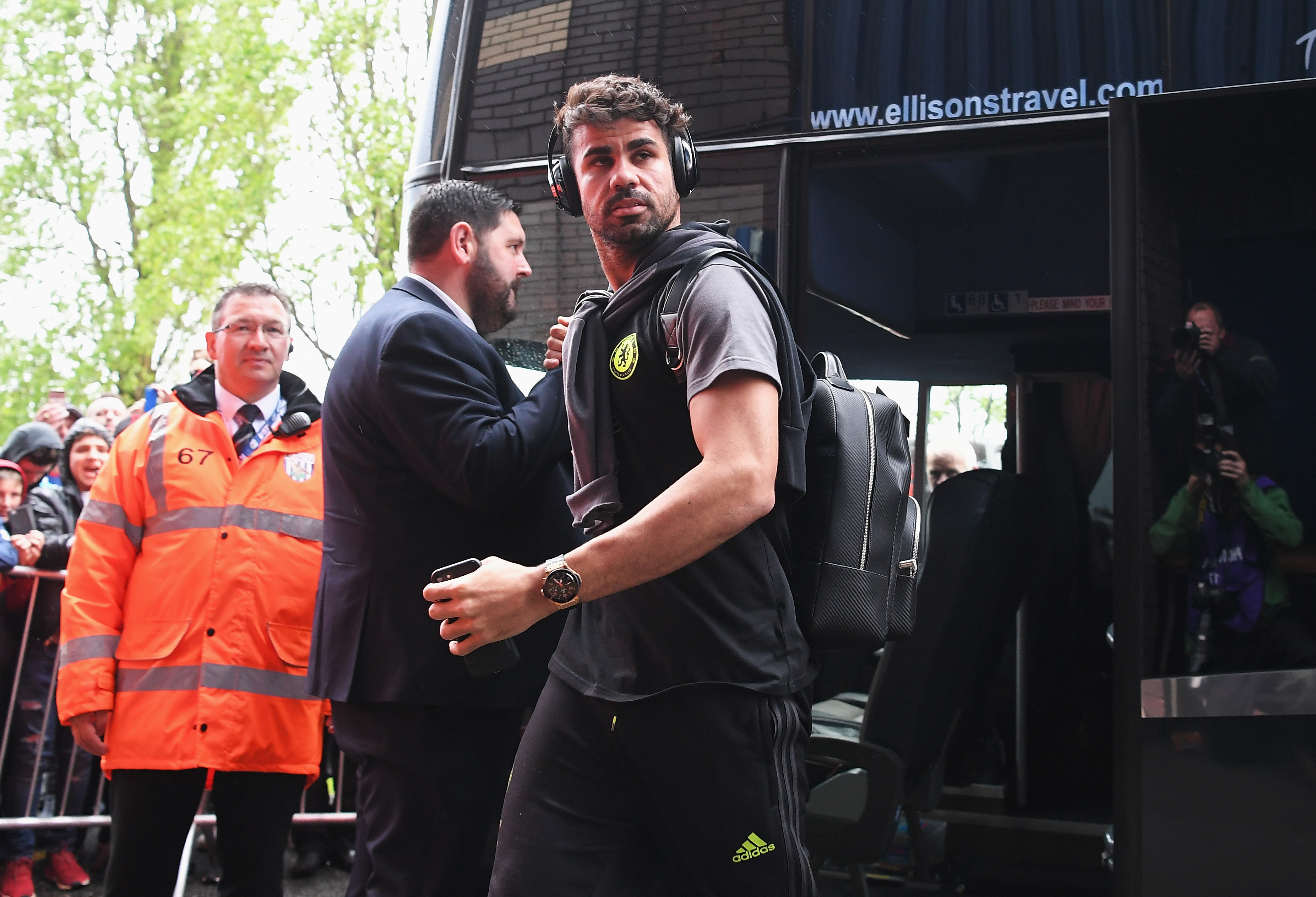 WEST BROMWICH, ENGLAND - MAY 12: Diego Costa of Chelsea arrives at the stadium prior to the Premier League match between West Bromwich Albion and Chelsea at The Hawthorns on May 12, 2017 in West Bromwich, England. (Photo by Laurence Griffiths/Getty Images)