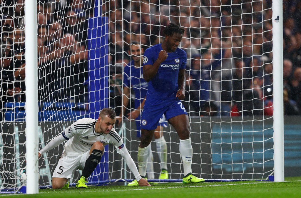 LONDON, ENGLAND - SEPTEMBER 12: Michy Batshuayi of Chelsea celebrates scoring his sides sixth goal during the UEFA Champions League Group C match between Chelsea FC and Qarabag FK at Stamford Bridge on September 12, 2017 in London, United Kingdom. (Photo by Clive Rose/Getty Images)