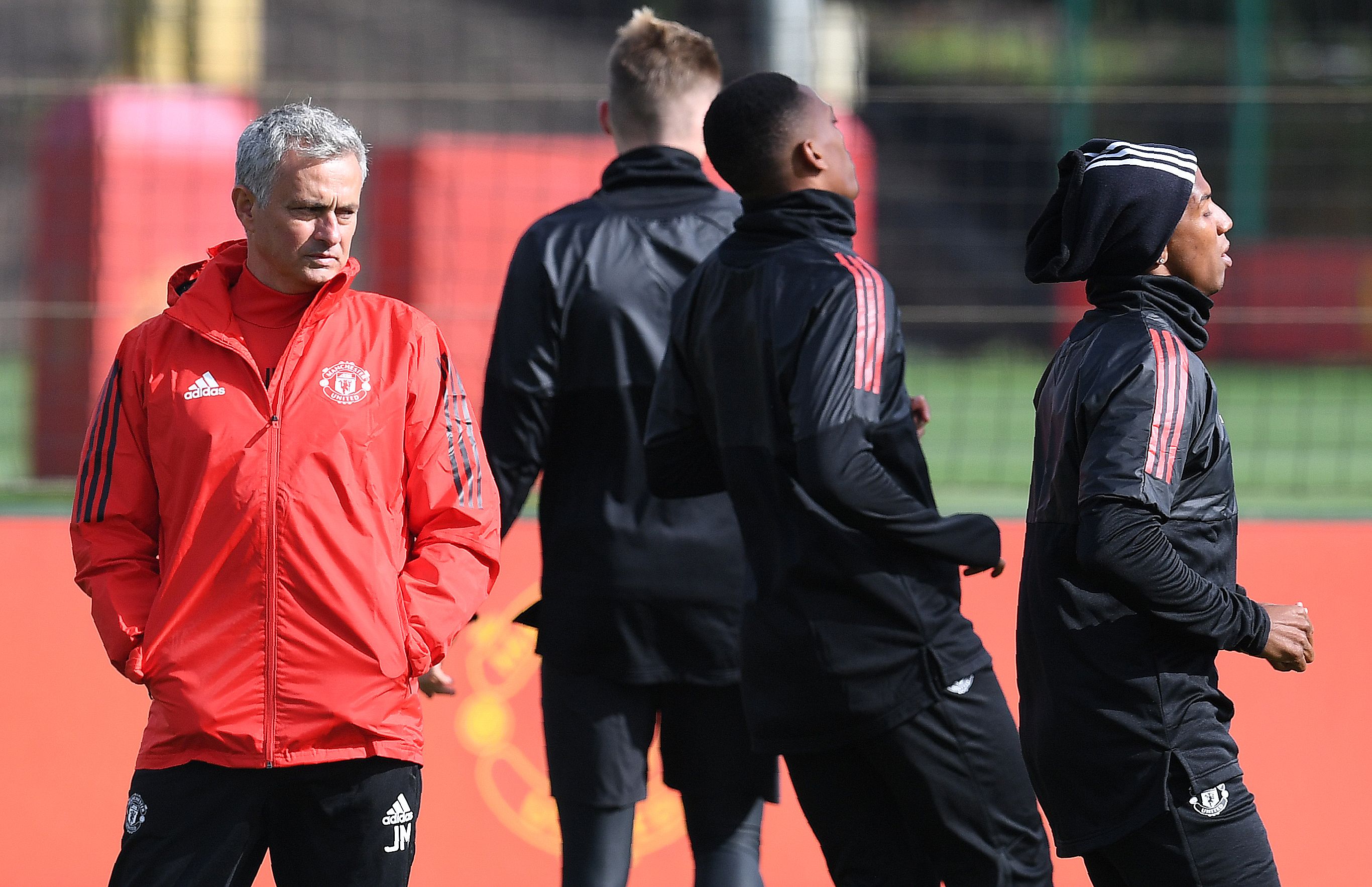 Manchester United's Portuguese manager Jose Mourinho watches his playesr during a team training session at the club's training complex near Carrington, west of Manchester in north west England on September 11, 2017, on the eve of their UEFA Champions League Group A football match against FC Basel. / AFP PHOTO / Paul ELLIS (Photo credit should read PAUL ELLIS/AFP/Getty Images)