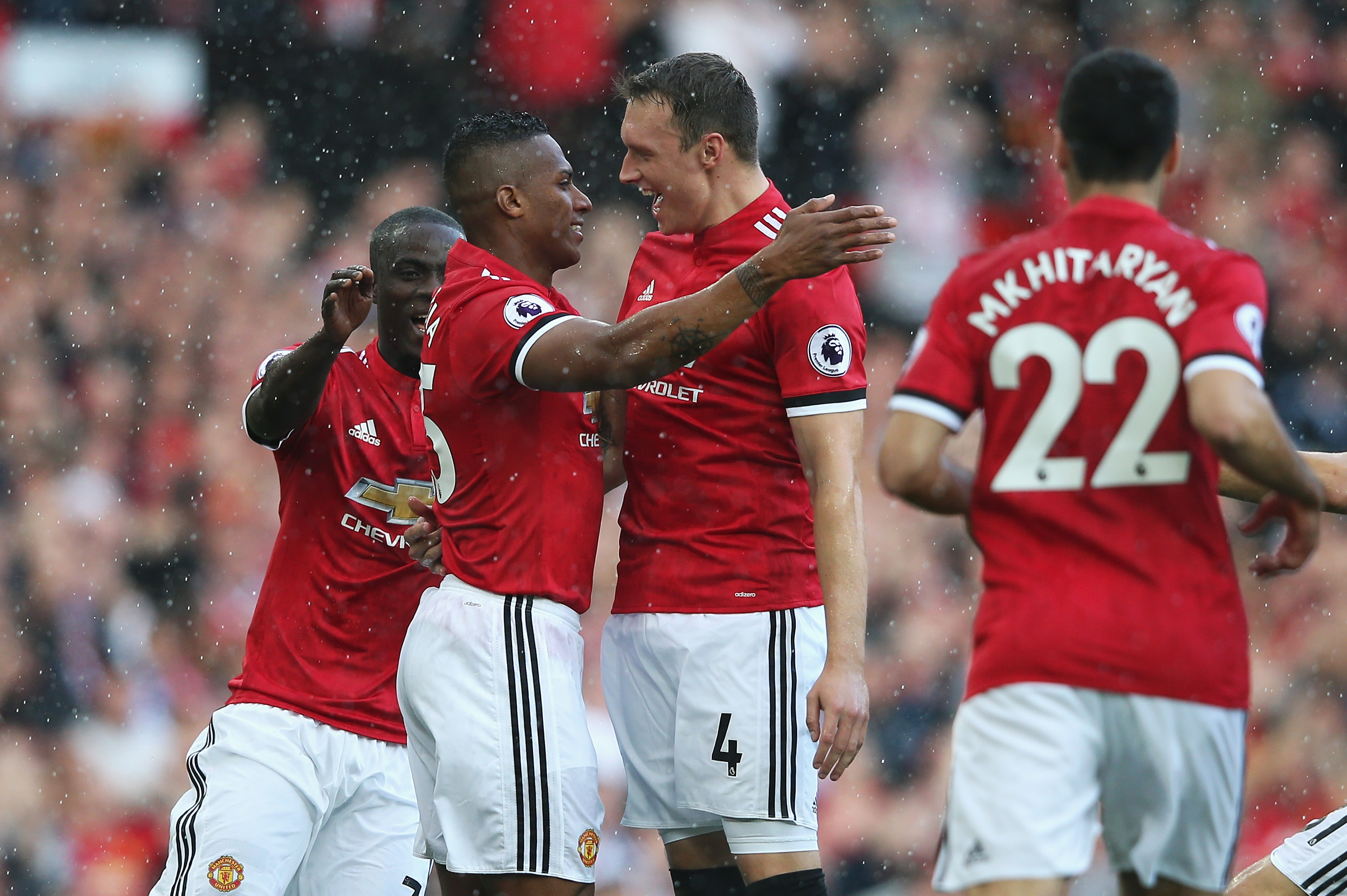 MANCHESTER, ENGLAND - SEPTEMBER 17: Antonio Valencia of Manchester United celebrates scoring his sides first goal with Phil Jones of Manchester United during the Premier League match between Manchester United and Everton at Old Trafford on September 17, 2017 in Manchester, England. (Photo by Alex Livesey/Getty Images)
