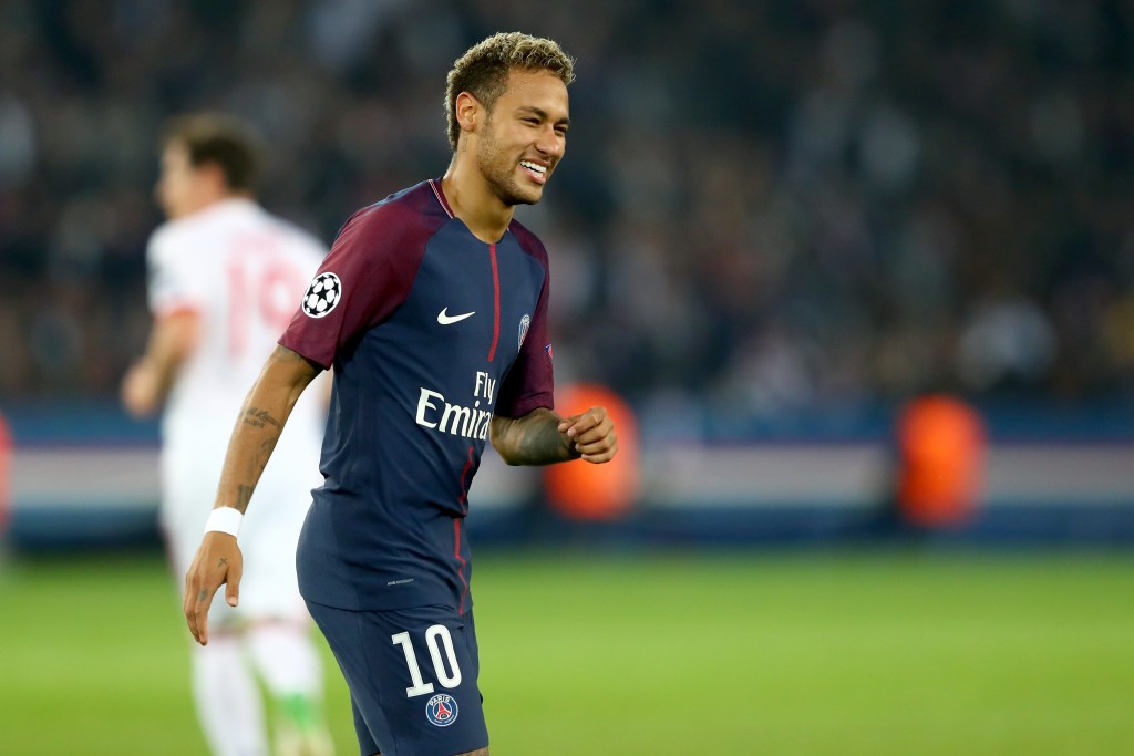 PARIS, FRANCE - SEPTEMBER 27: Neymar of Paris smiles during the UEFA Champions League group B match between Paris Saint-Germain and Bayern Muenchen at Parc des Princes on September 27, 2017 in Paris, France. (Photo by Alexander Hassenstein/Bongarts/Getty Images)