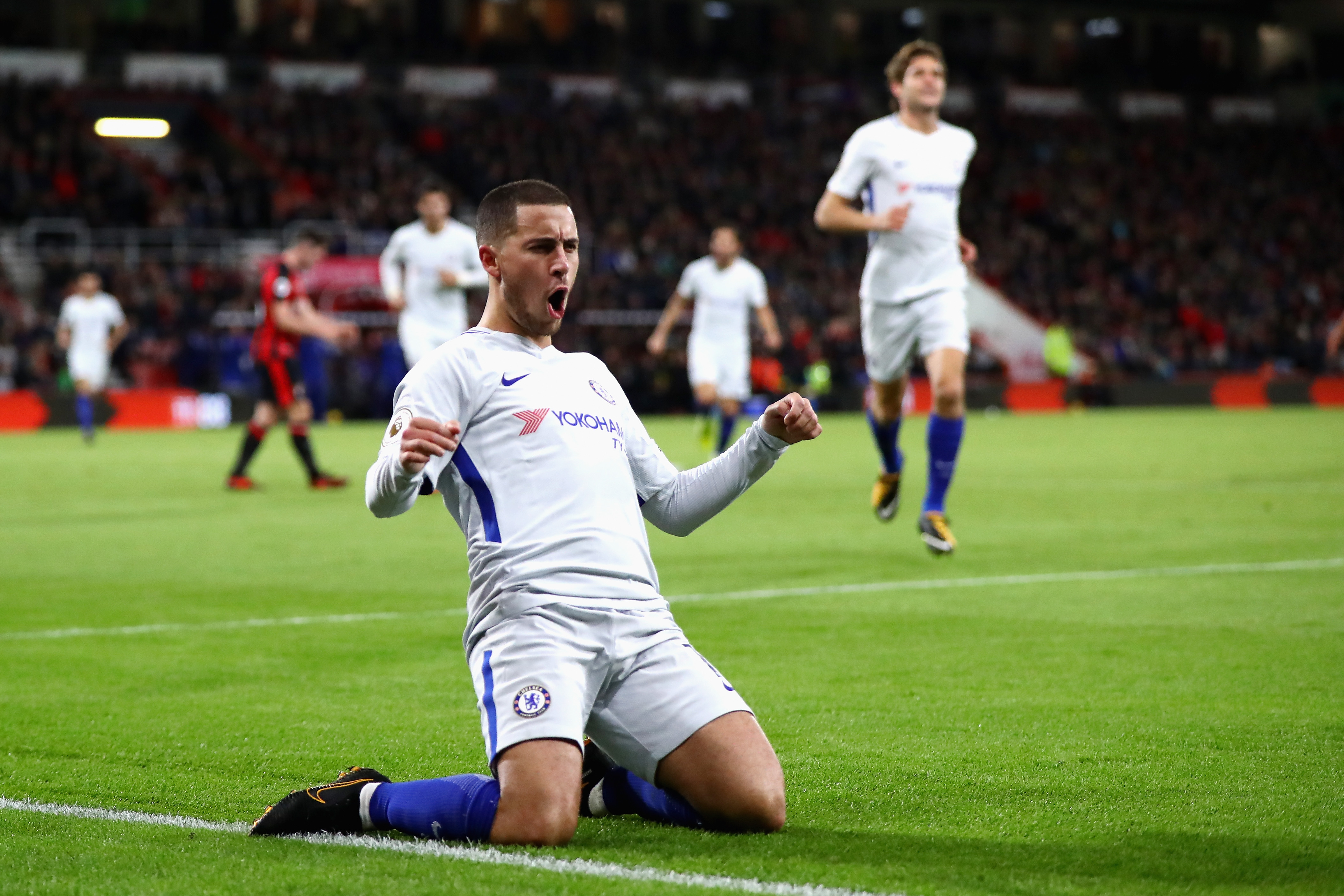 BOURNEMOUTH, ENGLAND - OCTOBER 28: Eden Hazard of Chelsea celebrates scoring his sides first goal during the Premier League match between AFC Bournemouth and Chelsea at Vitality Stadium on October 28, 2017 in Bournemouth, England. (Photo by Michael Steele/Getty Images)