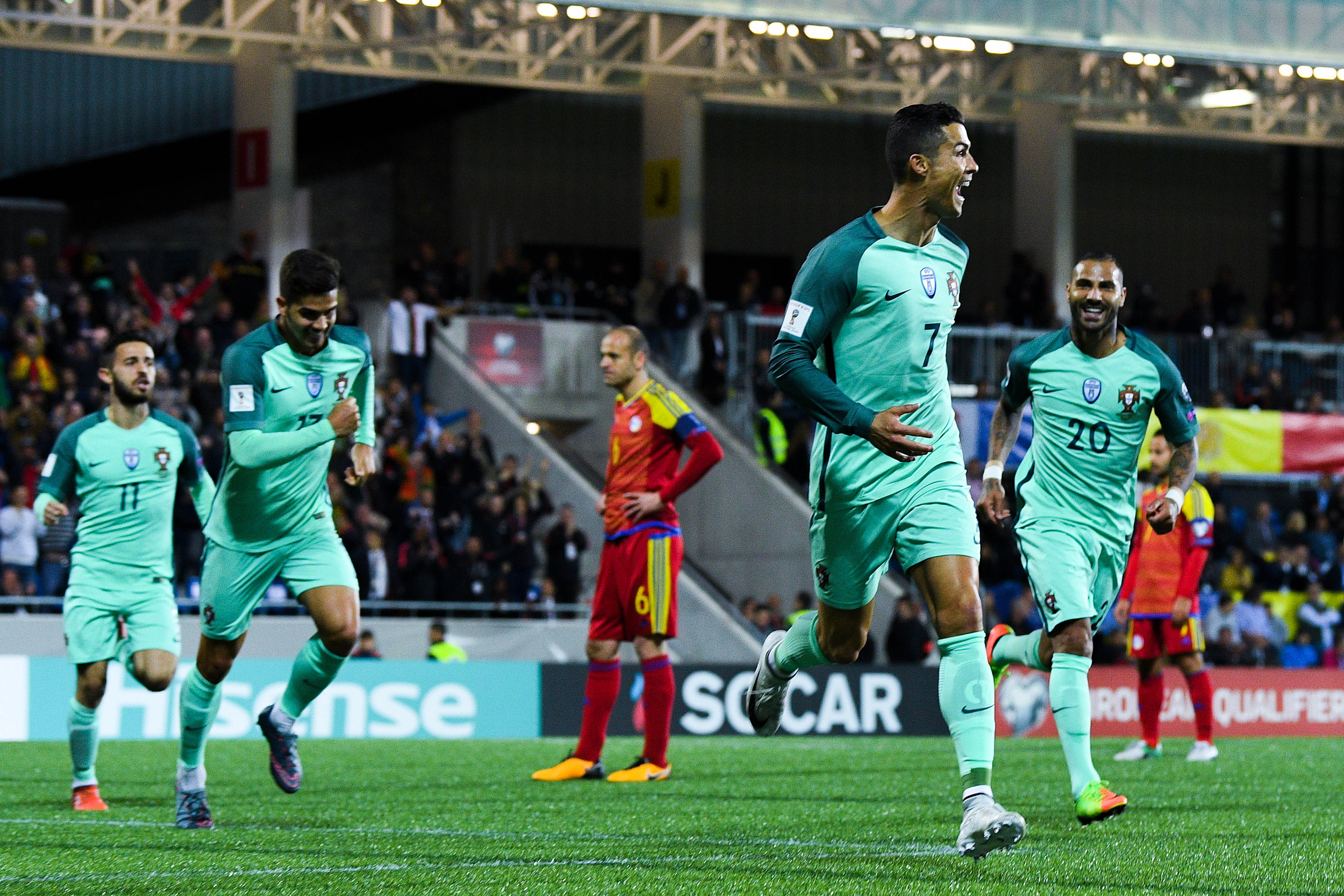 ANDORRA LA VELLA, ANDORRA - OCTOBER 07: Cristiano Ronaldo of Portugal celebrates after scoring the opening goal past the goalkeeper Josep Gomes of Andorraduring the FIFA 2018 World Cup Qualifier between Andorra and Portugal at the Estadi Nacional on October 7, 2017 in Andorra la Vella, Andorra. (Photo by David Ramos/Getty Images)