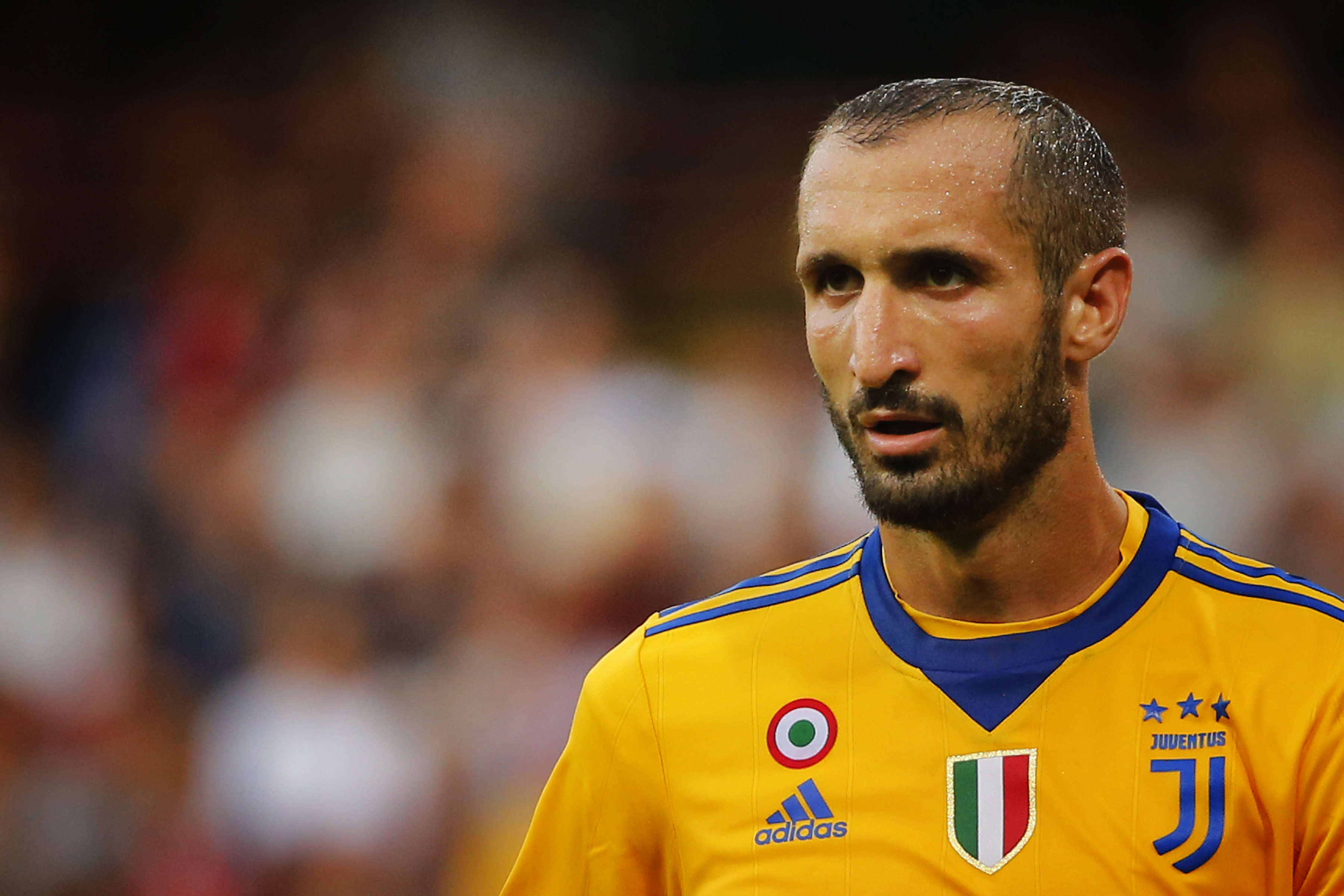 Juventus' defender Giorgio Chiellini looks on during the Italian Serie A football match Genoa v Juventus at The Luigi Ferraris Stadium in Genoa on August 26, 2017. / AFP PHOTO / Marco BERTORELLO (Photo credit should read MARCO BERTORELLO/AFP/Getty Images)