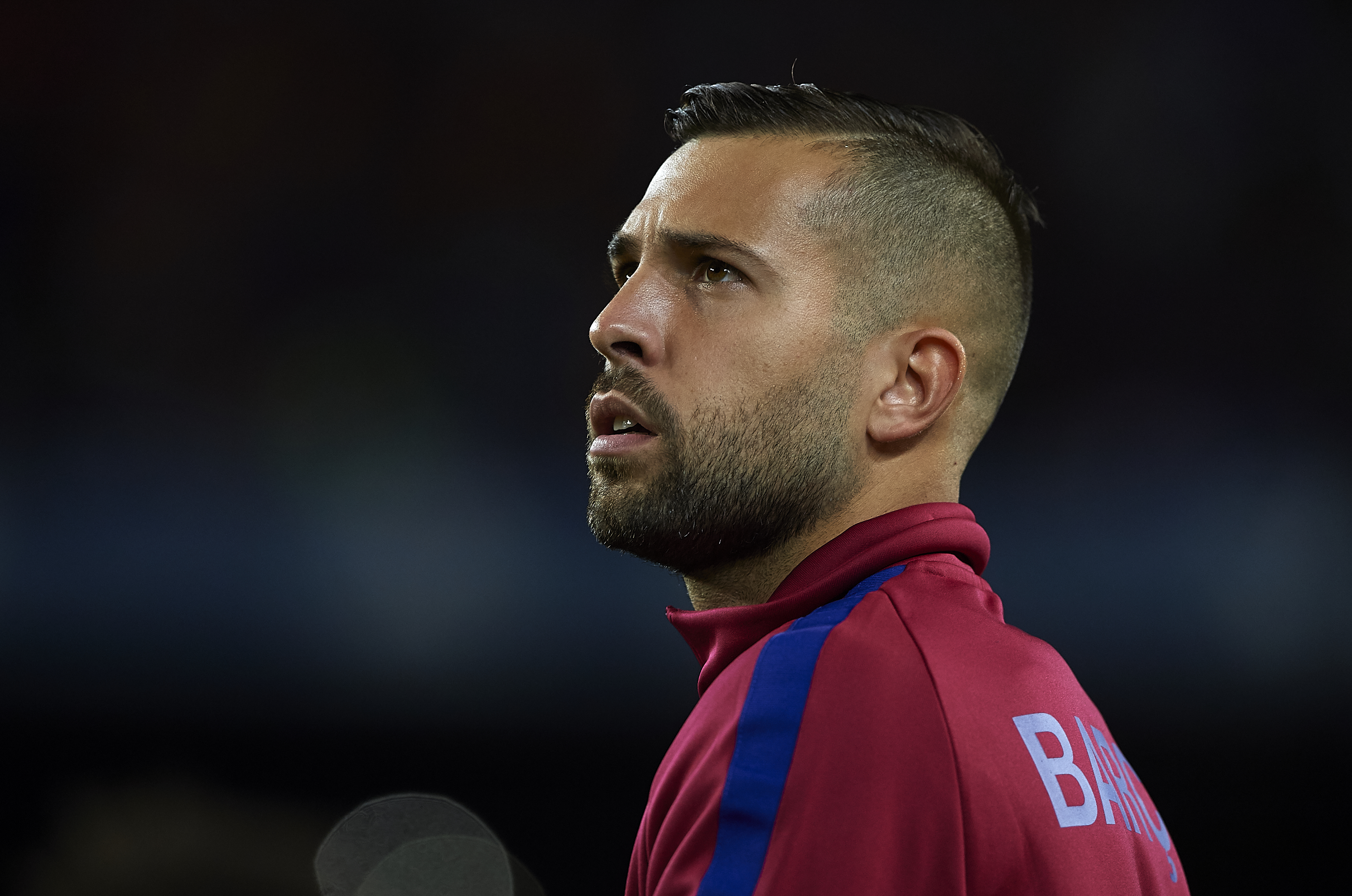 BARCELONA, SPAIN - AUGUST 13: Jordi Alba of Barcelona looks on prior to the Supercopa de Espana Supercopa Final 1st Leg match between FC Barcelona and Real Madrid at Camp Nou on August 13, 2017 in Barcelona, Spain. (Photo by Manuel Queimadelos Alonso/Getty Images,)