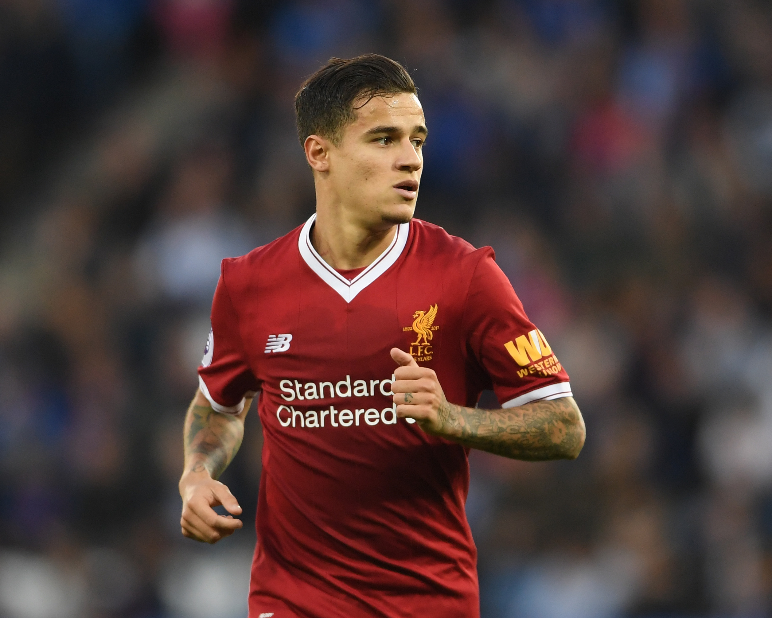 LEICESTER, ENGLAND - SEPTEMBER 23:  Philippe Coutinho of Liverpool looks on during the Premier League match between Leicester City and Liverpool at The King Power Stadium on September 23, 2017 in Leicester, England.  (Photo by Laurence Griffiths/Getty Images)
