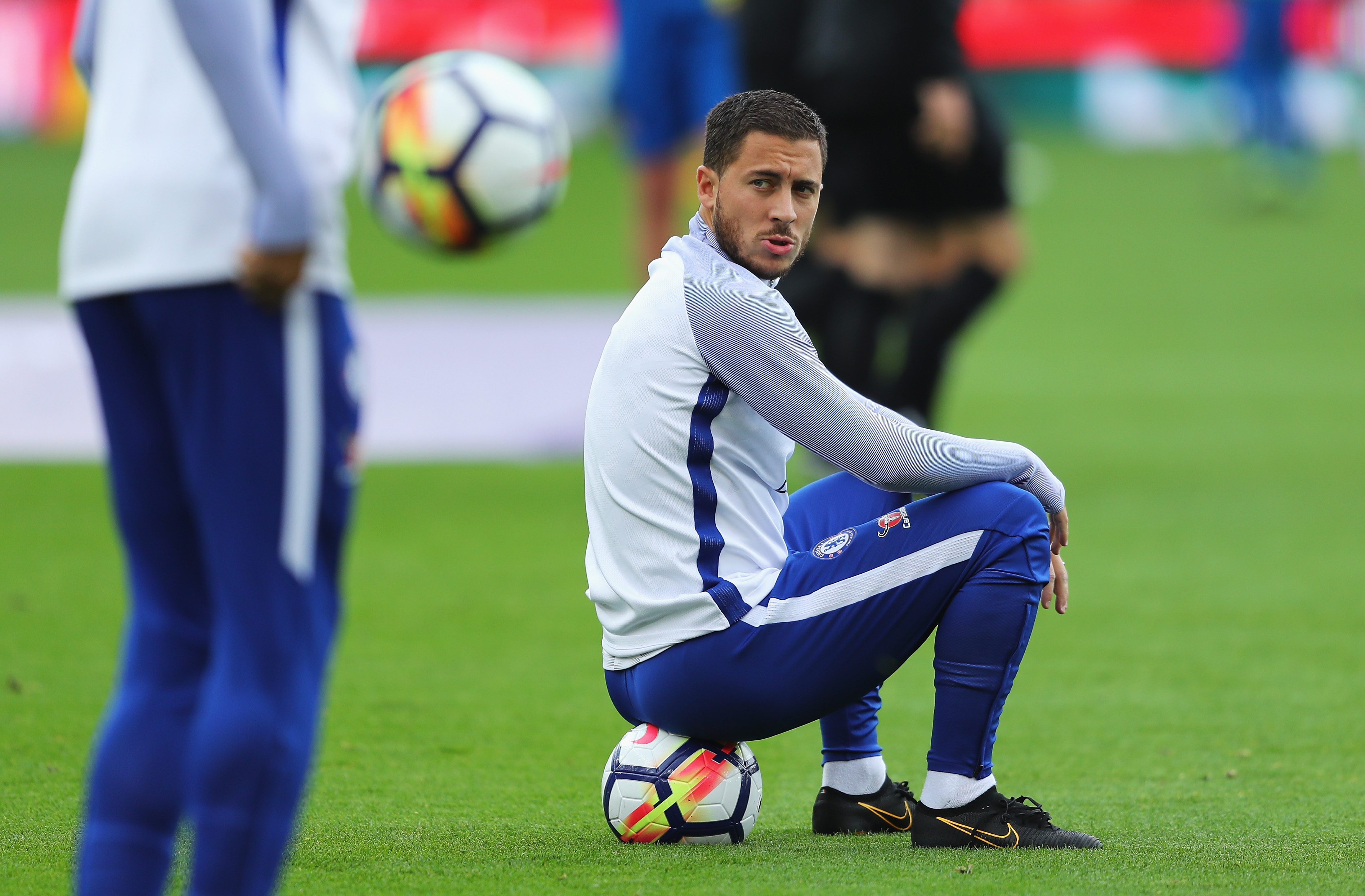 STOKE ON TRENT, ENGLAND - SEPTEMBER 23: Eden Hazard of Chelsea looks on prior to the Premier League match between Stoke City and Chelsea at Bet365 Stadium on September 23, 2017 in Stoke on Trent, England. (Photo by Richard Heathcote/Getty Images)
