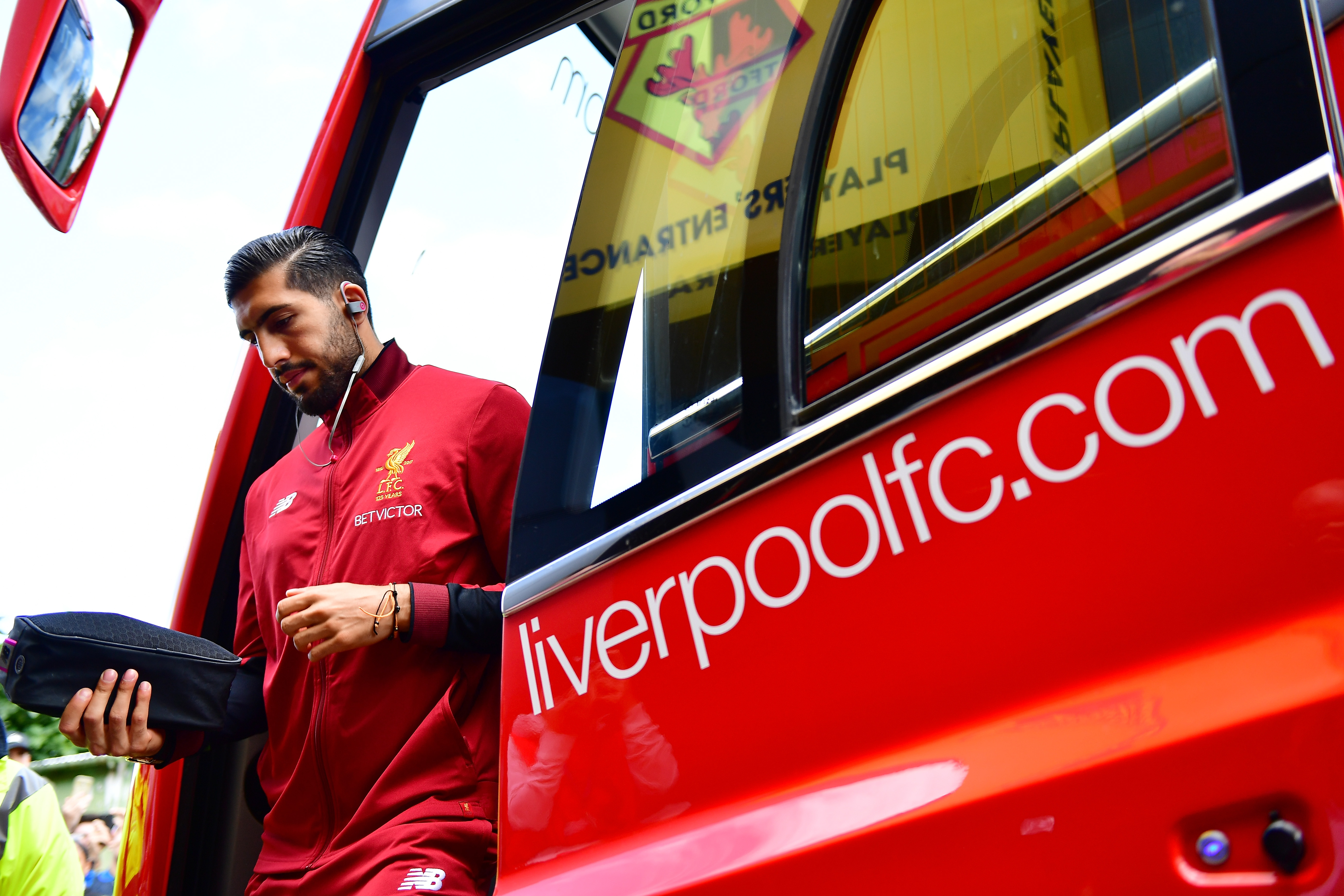 WATFORD, ENGLAND - AUGUST 12: Emre Can of Liverpool arrives at the stadium prior to the Premier League match between Watford and Liverpool at Vicarage Road on August 12, 2017 in Watford, England.  (Photo by Alex Broadway/Getty Images)