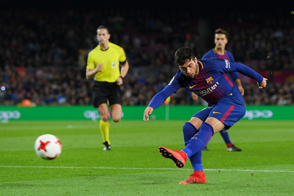 BARCELONA, SPAIN - NOVEMBER 29: Jose Arnaiz of FC Barcelona scores his team's fifth goal during the Copa del Rey round of 32 second leg match between FC Barcelona and Real Murcia at Camp Nou on November 29, 2017 in Barcelona, Spain. (Photo by David Ramos/Getty Images)