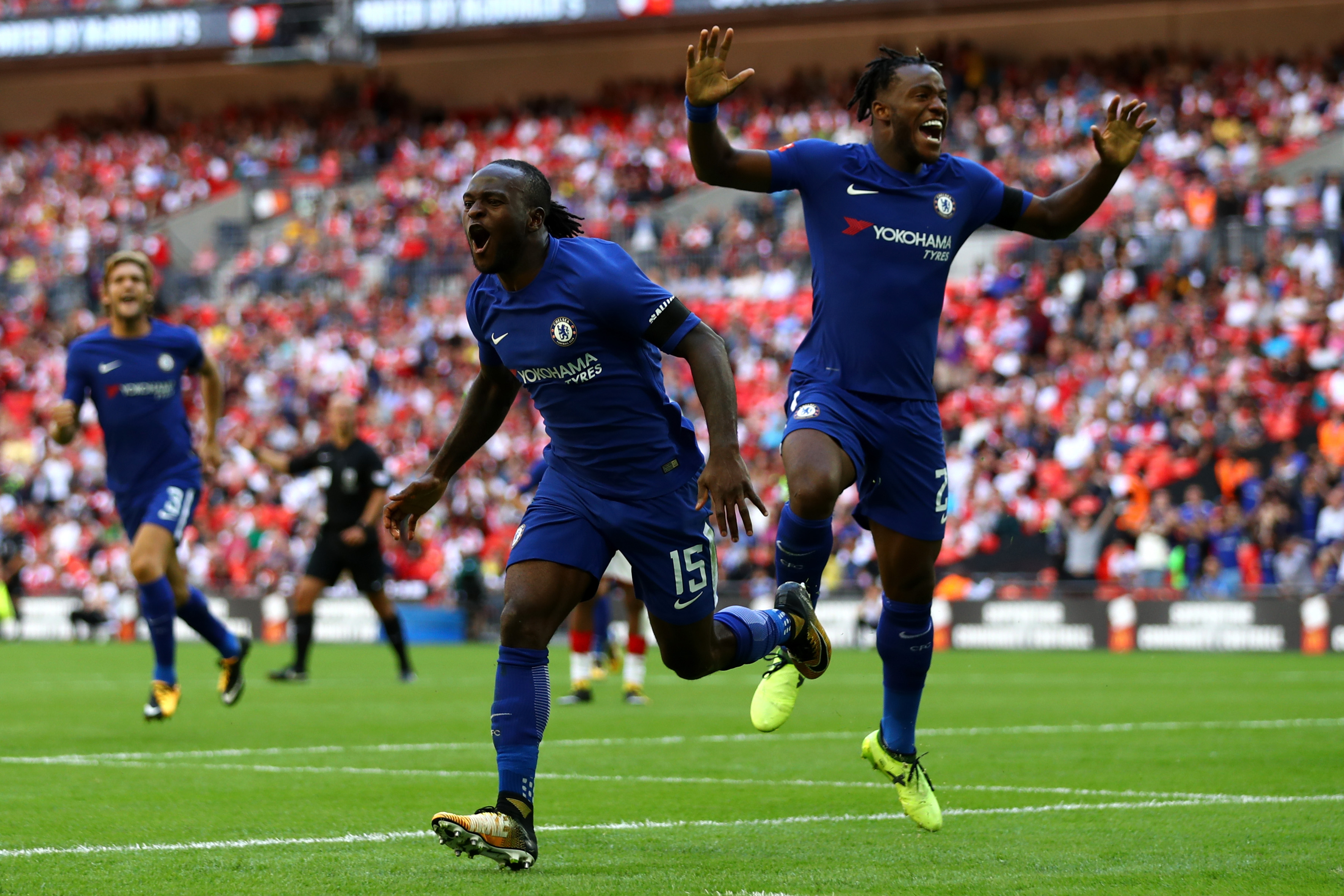 LONDON, ENGLAND - AUGUST 06: Victor Moses of Chelsea celebrates scoring his sides first goal with Michy Batshuayi of Chelsea during the The FA Community Shield final between Chelsea and Arsenal at Wembley Stadium on August 6, 2017 in London, England. (Photo by Dan Istitene/Getty Images)
