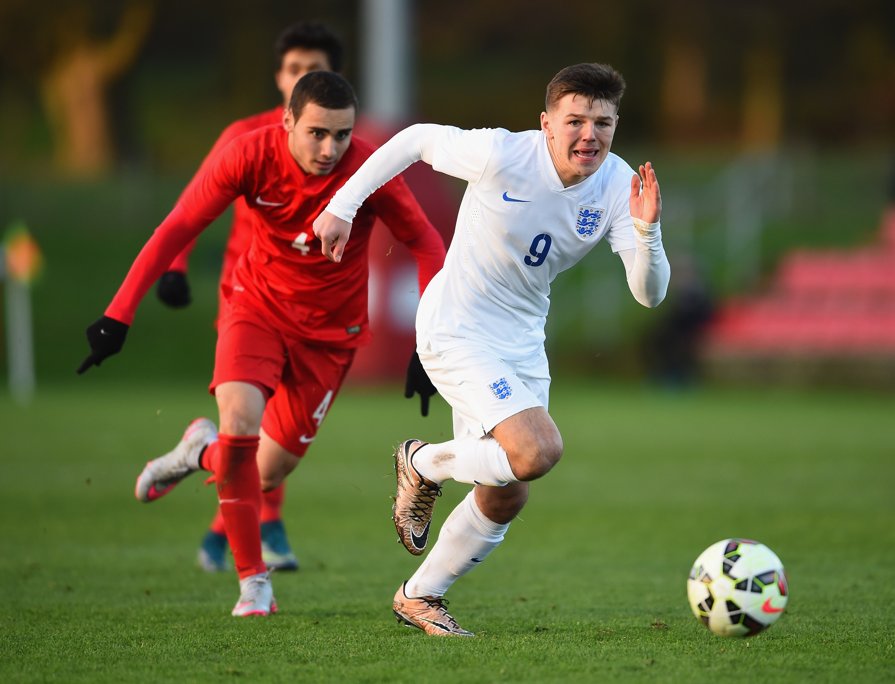 BURTON-UPON-TRENT, ENGLAND - DECEMBER 21: Bobby Duncan of England in action during the International Friendly match between England U15 and Turkey U15 at St George's Park on December 21, 2015 in Burton-upon-Trent, England. (Photo by Laurence Griffiths/Getty Images)