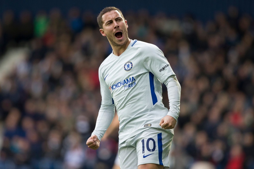 Chelsea's Belgian midfielder Eden Hazard celebrates scoring his team's second goal during the English Premier League football match between West Bromwich Albion and Chelsea at The Hawthorns stadium in West Bromwich, central England, on November 18, 2017. / AFP PHOTO / Roland Harrison / RESTRICTED TO EDITORIAL USE. No use with unauthorized audio, video, data, fixture lists, club/league logos or 'live' services. Online in-match use limited to 75 images, no video emulation. No use in betting, games or single club/league/player publications. / (Photo credit should read ROLAND HARRISON/AFP/Getty Images)