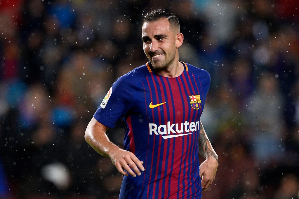 Barcelona's Spanish forward Paco Alcacer celebrates after scoring a goal during the Spanish league football match FC Barcelona vs Sevilla FC at the Camp Nou stadium in Barcelona on November 4, 2017. / AFP PHOTO / Josep LAGO (Photo credit should read JOSEP LAGO/AFP/Getty Images)