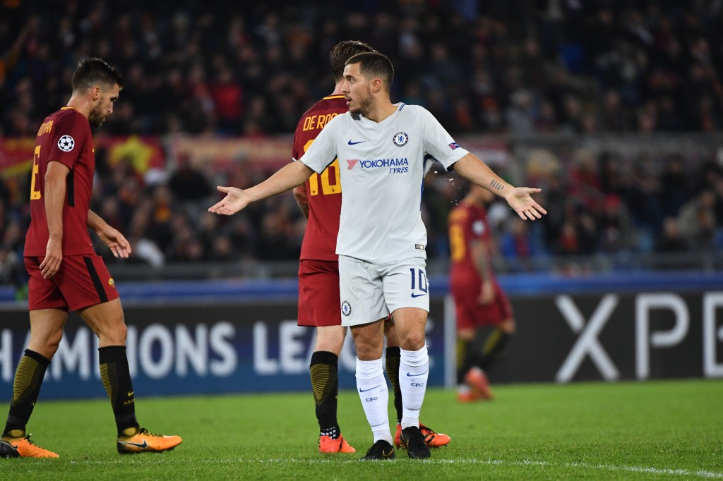 Chelsea's Belgian midfielder Eden Hazard reacts during the UEFA Champions League football match AS Roma vs Chelsea on October 31, 2017 at the Olympic Stadium in Rome. Rome won 3-0. / AFP PHOTO / Alberto PIZZOLI (Photo credit should read ALBERTO PIZZOLI/AFP/Getty Images)
