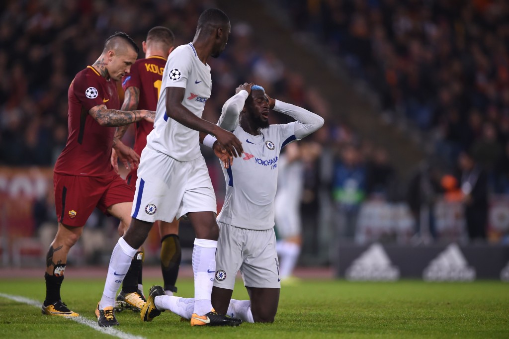 Chelsea's French midfielder Tiemoue Bakayoko (R) reacts during the UEFA Champions League football match AS Roma vs Chelsea on October 31, 2017 at the Olympic Stadium in Rome. / AFP PHOTO / Filippo MONTEFORTE (Photo credit should read FILIPPO MONTEFORTE/AFP/Getty Images)