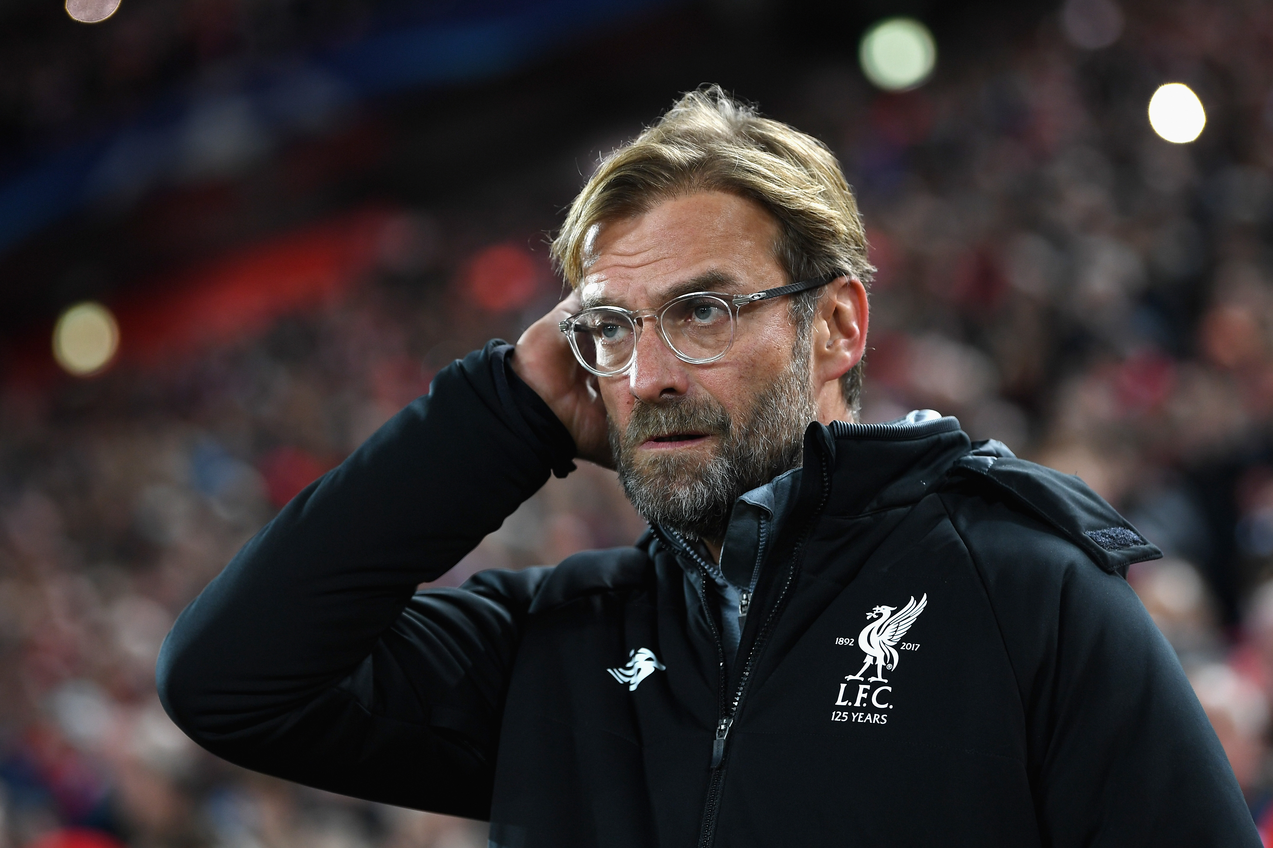 LIVERPOOL, ENGLAND - NOVEMBER 01: Jurgen Klopp, Manager of Liverpool looks on prior to the UEFA Champions League group E match between Liverpool FC and NK Maribor at Anfield on November 1, 2017 in Liverpool, United Kingdom. (Photo by Michael Regan/Getty Images)