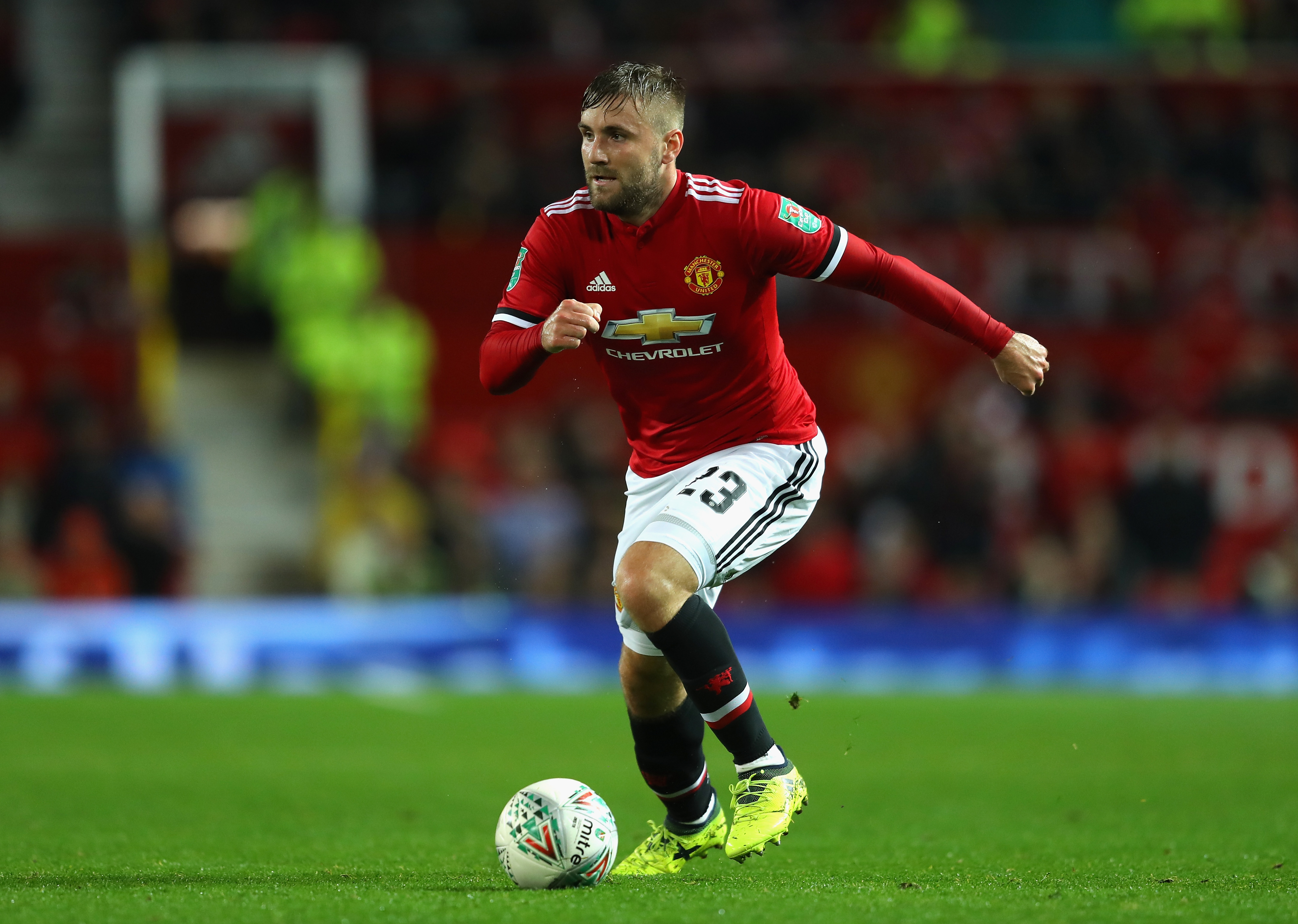 MANCHESTER, ENGLAND - SEPTEMBER 20: Luke Shaw of Manchester United in action during the Carabao Cup Third Round match between Manchester United and Burton Albion at Old Trafford on September 20, 2017 in Manchester, England. (Photo by Richard Heathcote/Getty Images)