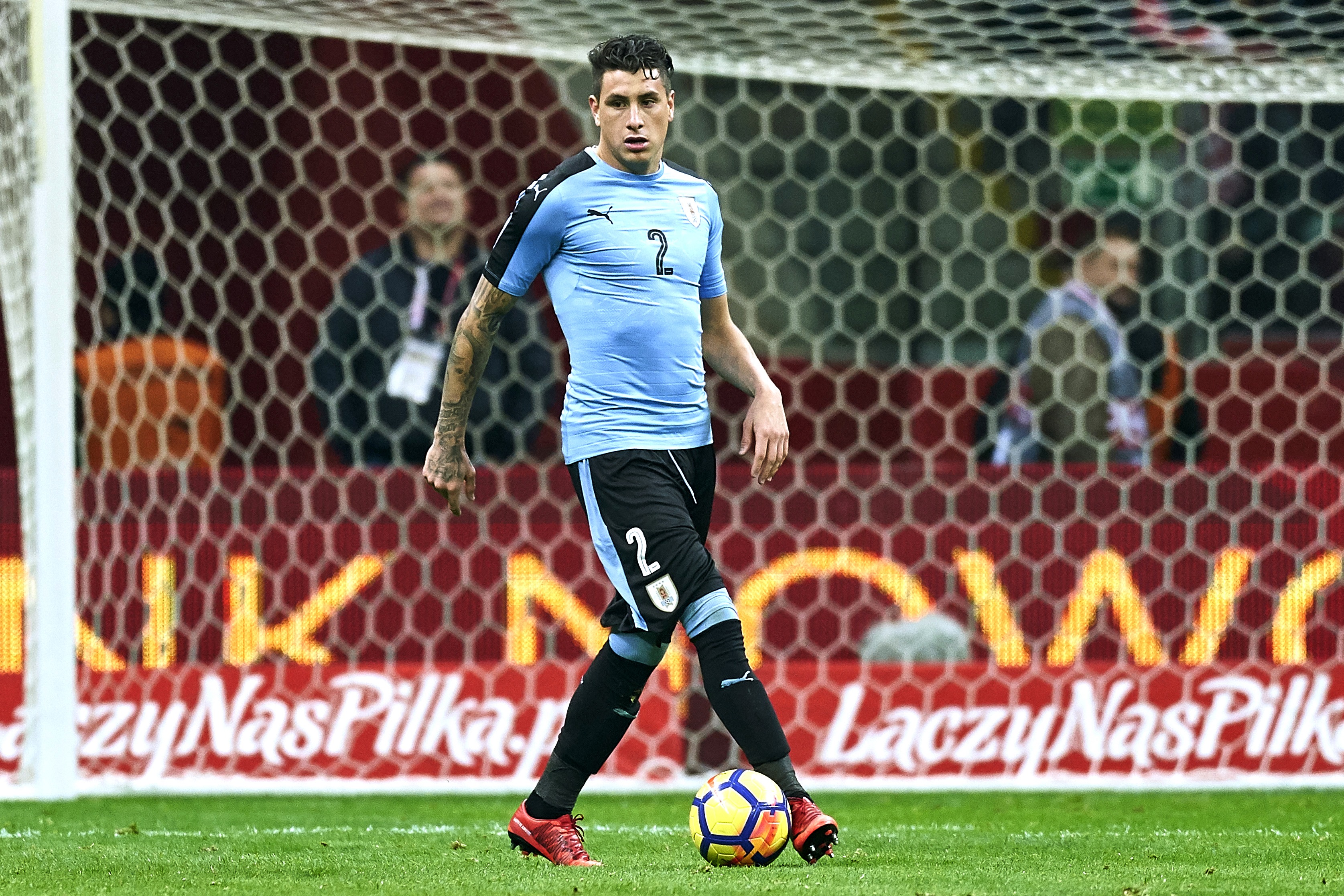 WARSAW, POLAND - NOVEMBER 10: Jose Mario Gimenez from Uruguay controls the ball while Poland v Uruguay International Friendly soccer match at National Stadium on November 10, 2017 in Warsaw, Poland. (Photo by Adam Nurkiewicz/Getty Images)