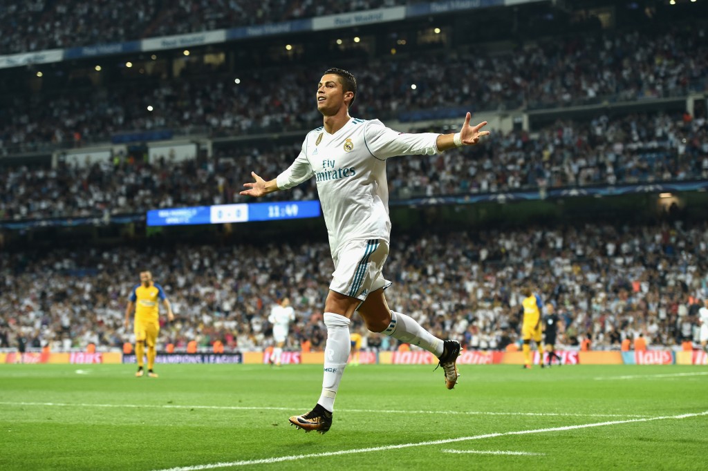 MADRID, SPAIN - SEPTEMBER 13: Cristiano Ronaldo of Real Madrid celebrates scoring his sides first goal during the UEFA Champions League group H match between Real Madrid and APOEL Nikosia at Estadio Santiago Bernabeu on September 13, 2017 in Madrid, Spain. (Photo by Denis Doyle/Getty Images)