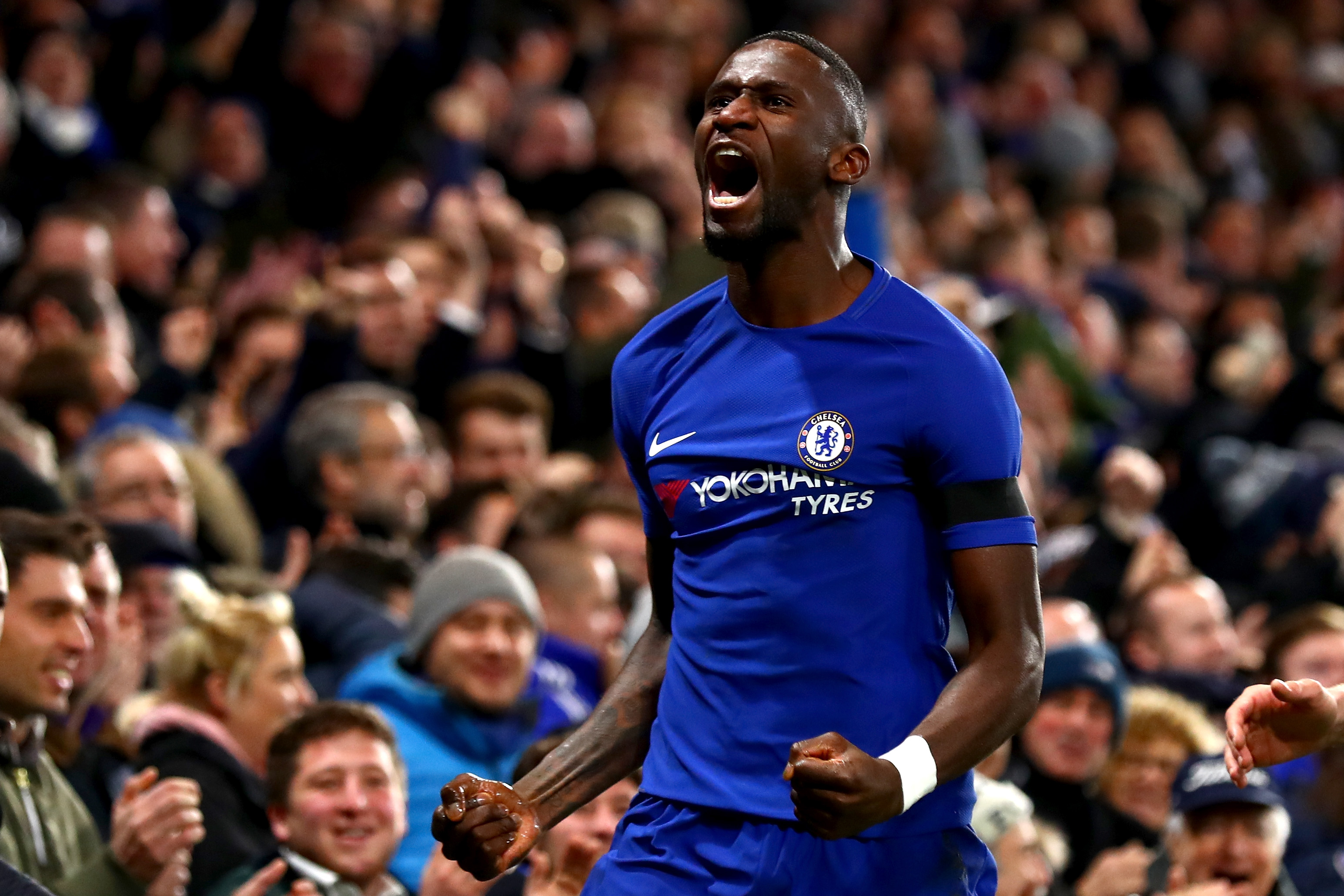 LONDON, ENGLAND - NOVEMBER 29: Antonio Rudiger of Chelsea celebrates after scoring his sides second goal during the Premier League match between Chelsea and Swansea City at Stamford Bridge on November 29, 2017 in London, England (Photo by Clive Rose/Getty Images)