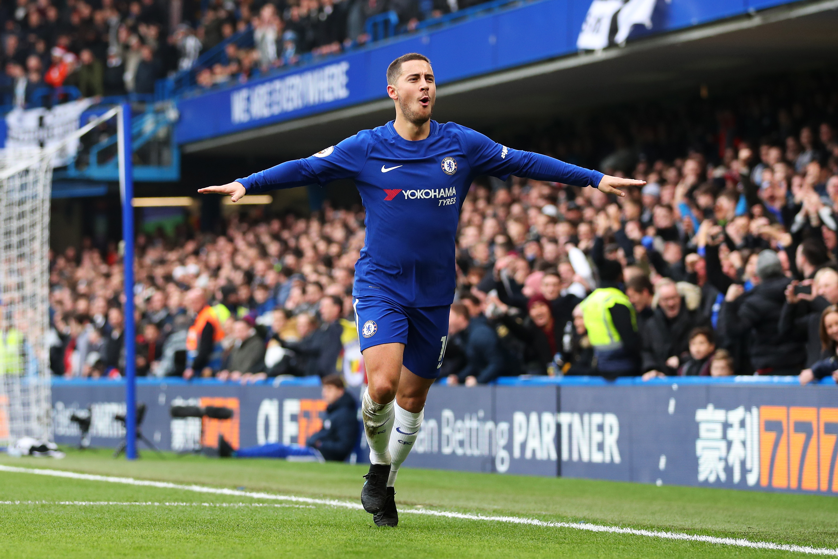 LONDON, ENGLAND - DECEMBER 02: Eden Hazard of Chelsea celebrates after scoring his sides first goal during the Premier League match between Chelsea and Newcastle United at Stamford Bridge on December 2, 2017 in London, England. (Photo by Catherine Ivill/Getty Images)