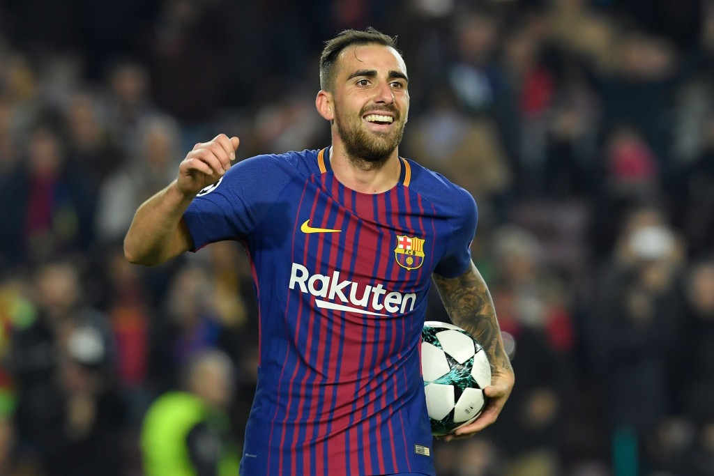 Barcelona's Spanish forward Paco Alcacer celebrates after scoring a second goal during the UEFA Champions League football match FC Barcelona vs Sporting CP at the Camp Nou stadium in Barcelona on December 5, 2017. / AFP PHOTO / LLUIS GENE (Photo credit should read LLUIS GENE/AFP/Getty Images)