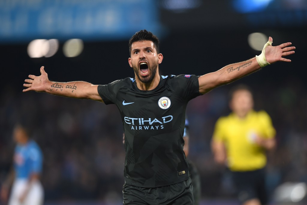 Manchester City's Argentinian striker Sergio Aguero celebrates after scoring during the UEFA Champions League football match Napoli vs Manchester City on November 1, 2017 at the San Paolo stadium in Naples. / AFP PHOTO / Filippo MONTEFORTE (Photo credit should read FILIPPO MONTEFORTE/AFP/Getty Images)