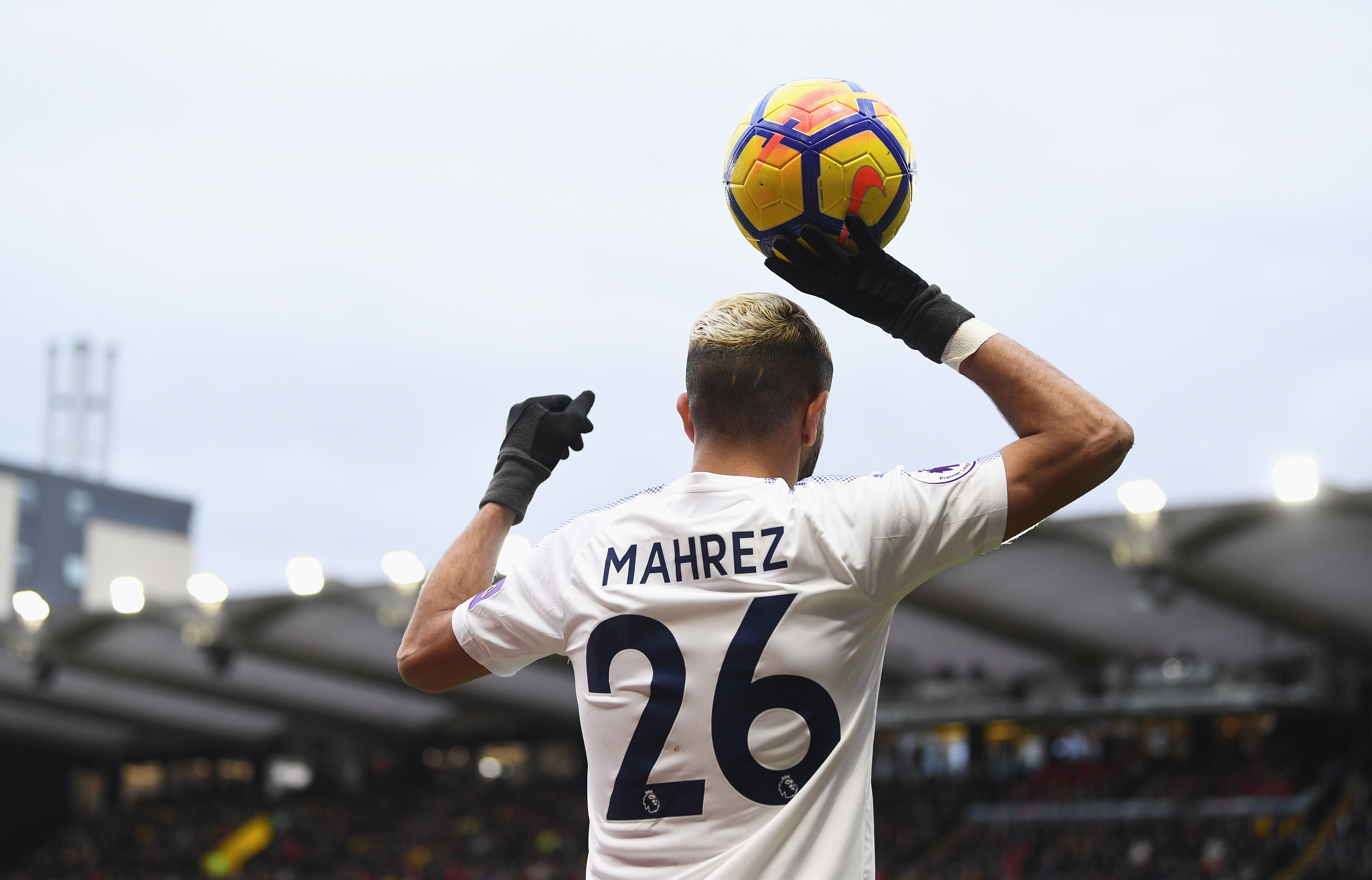 WATFORD, ENGLAND - DECEMBER 26: Riyad Mahrez of Leicester City prepares to take a throw in during the Premier League match between Watford and Leicester City at Vicarage Road on December 26, 2017 in Watford, England. (Photo by Michael Regan/Getty Images)