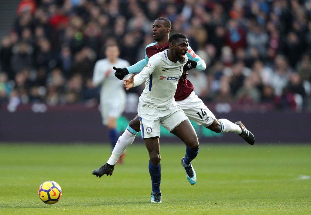 LONDON, ENGLAND - DECEMBER 09: Tiemoue Bakayoko of Chelsea is fouled by Pedro Obiang of West Ham United during the Premier League match between West Ham United and Chelsea at London Stadium on December 9, 2017 in London, England. (Photo by Richard Heathcote/Getty Images) *** Local Caption *** Pedro Obiang; Tiemoue Bakayoko