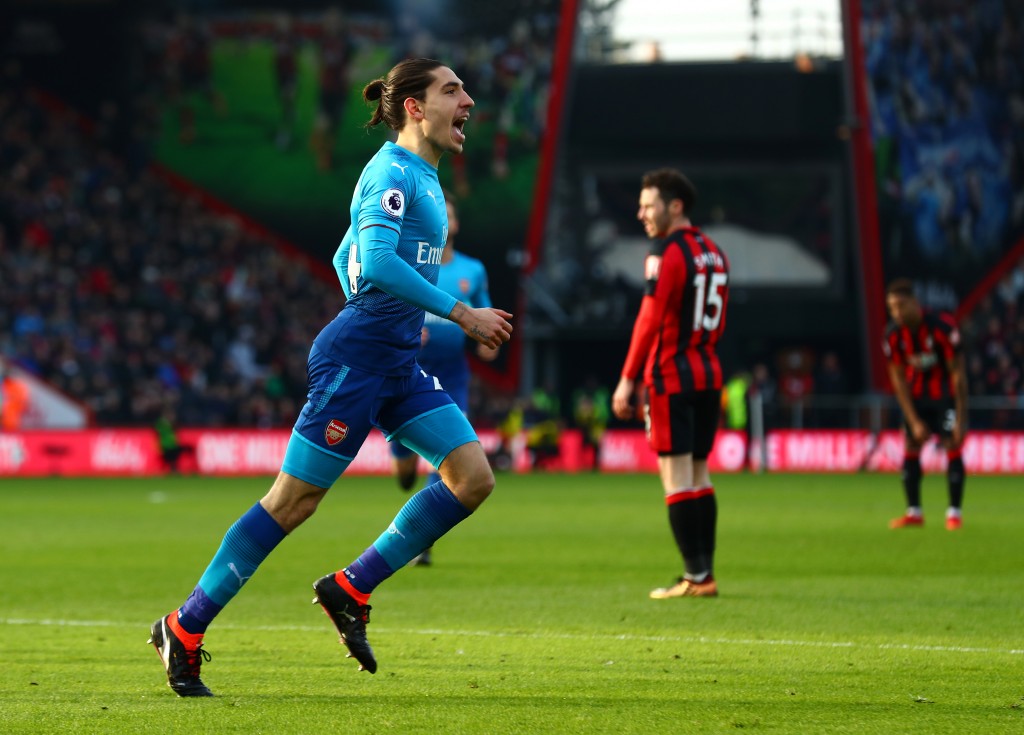 BOURNEMOUTH, ENGLAND - JANUARY 14: Hector Bellerin of Arsenal celebrates scoring his sides first goal during the Premier League match between AFC Bournemouth and Arsenal at Vitality Stadium on January 14, 2018 in Bournemouth, England. (Photo by Clive Rose/Getty Images)