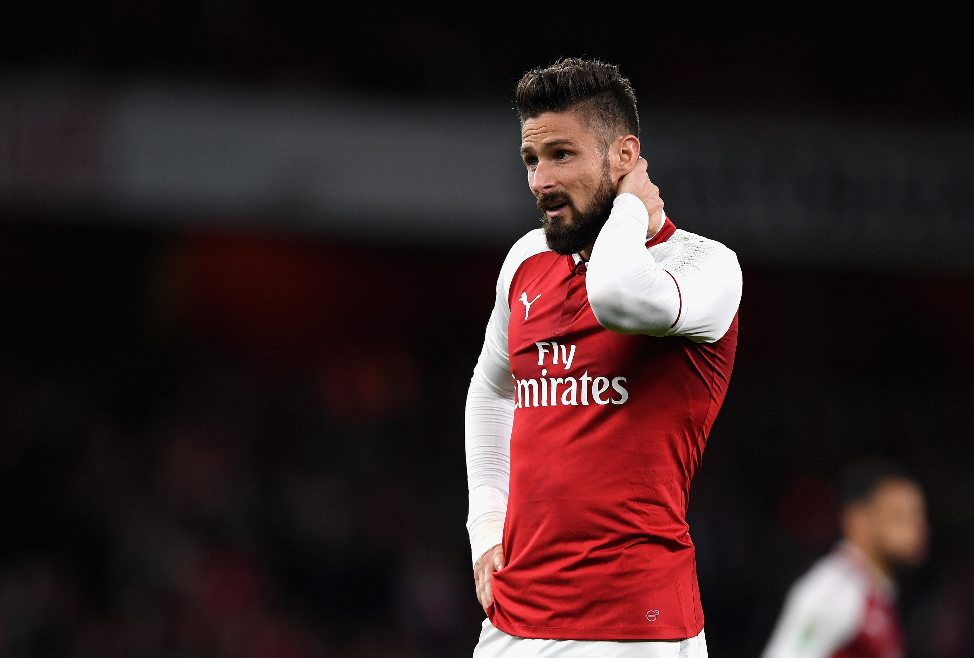 LONDON, ENGLAND - OCTOBER 24: Olivier Giroud of Arsenal looks on during the Carabao Cup Fourth Round match between Arsenal and Norwich City at Emirates Stadium on October 24, 2017 in London, England. (Photo by Shaun Botterill/Getty Images)
