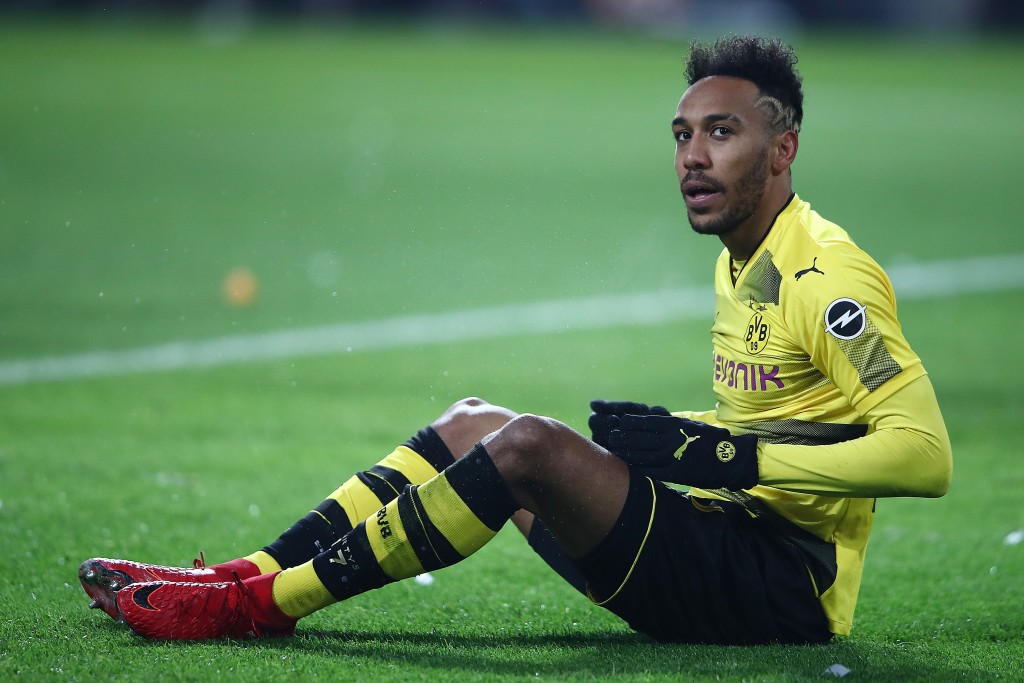 DORTMUND, GERMANY - NOVEMBER 25: Pierre-Emerick Aubameyang of Dortmund sits on the pitch during the Bundesliga match between Borussia Dortmund and FC Schalke 04 at Signal Iduna Park on November 25, 2017 in Dortmund, Germany. (Photo by Alex Grimm/Bongarts/Getty Images)