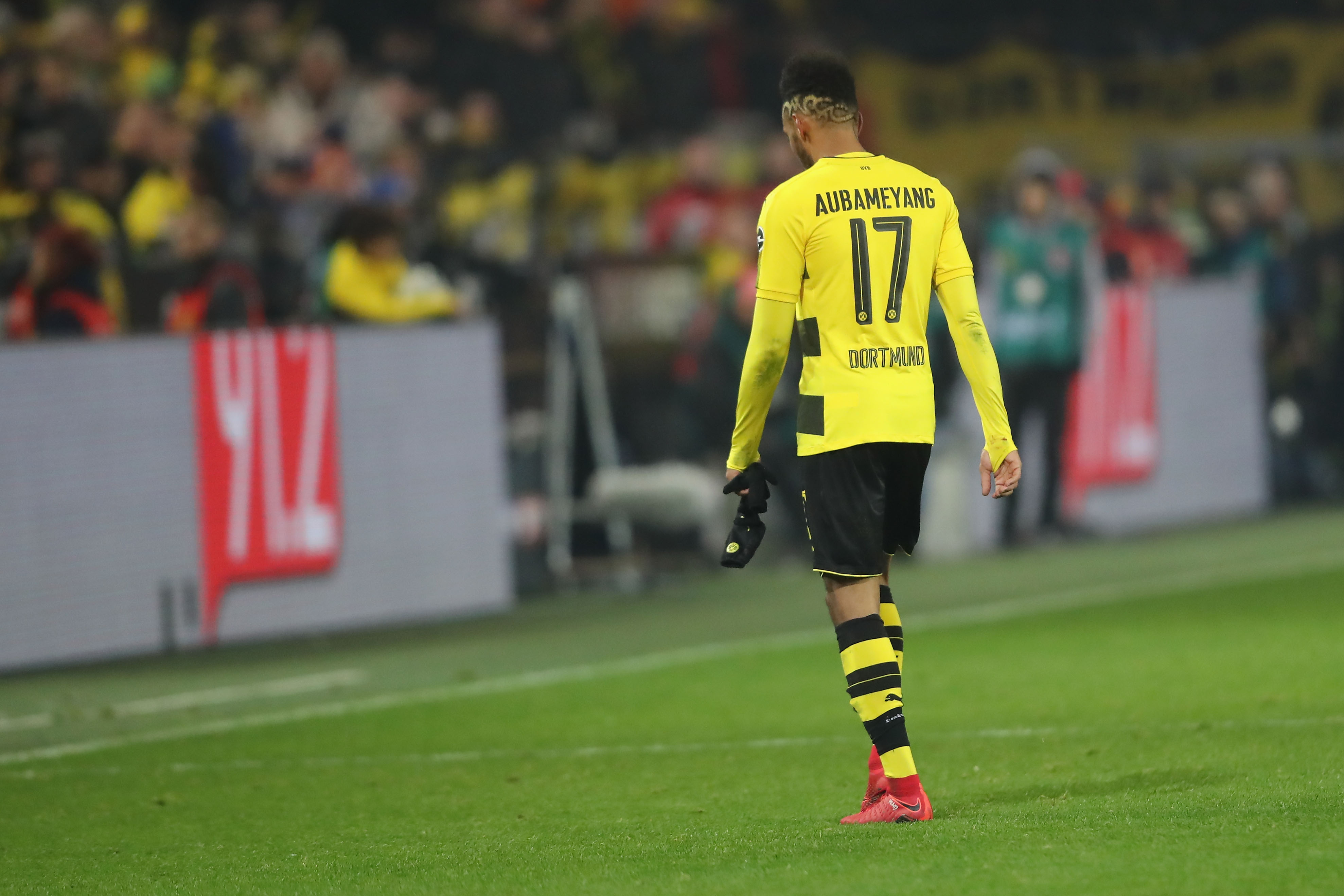 DORTMUND, GERMANY - NOVEMBER 25: Pierre-Emerick Aubameyang of Dortmund walks off the piucth after hgis red card during the Bundesliga match between Borussia Dortmund and FC Schalke 04 at Signal Iduna Park on November 25, 2017 in Dortmund, Germany. (Photo by Christof Koepsel/Bongarts/Getty Images)
