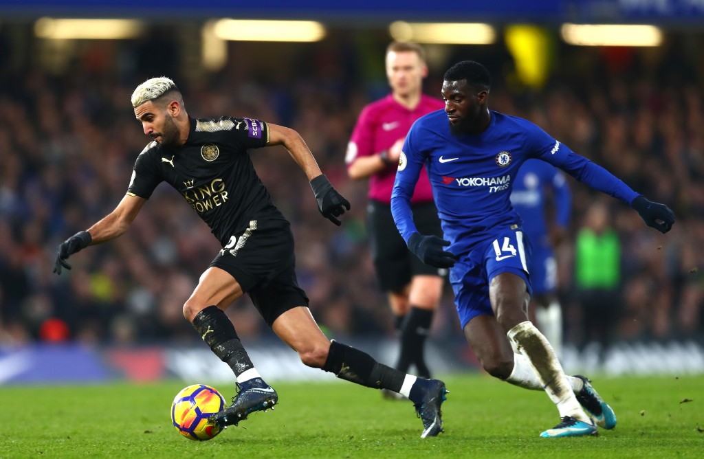 LONDON, ENGLAND - JANUARY 13: Riyad Mahrez of Leicester City is put under pressure by Tiemoue Bakayoko of Chelsea during the Premier League match between Chelsea and Leicester City at Stamford Bridge on January 13, 2018 in London, England. (Photo by Clive Rose/Getty Images)