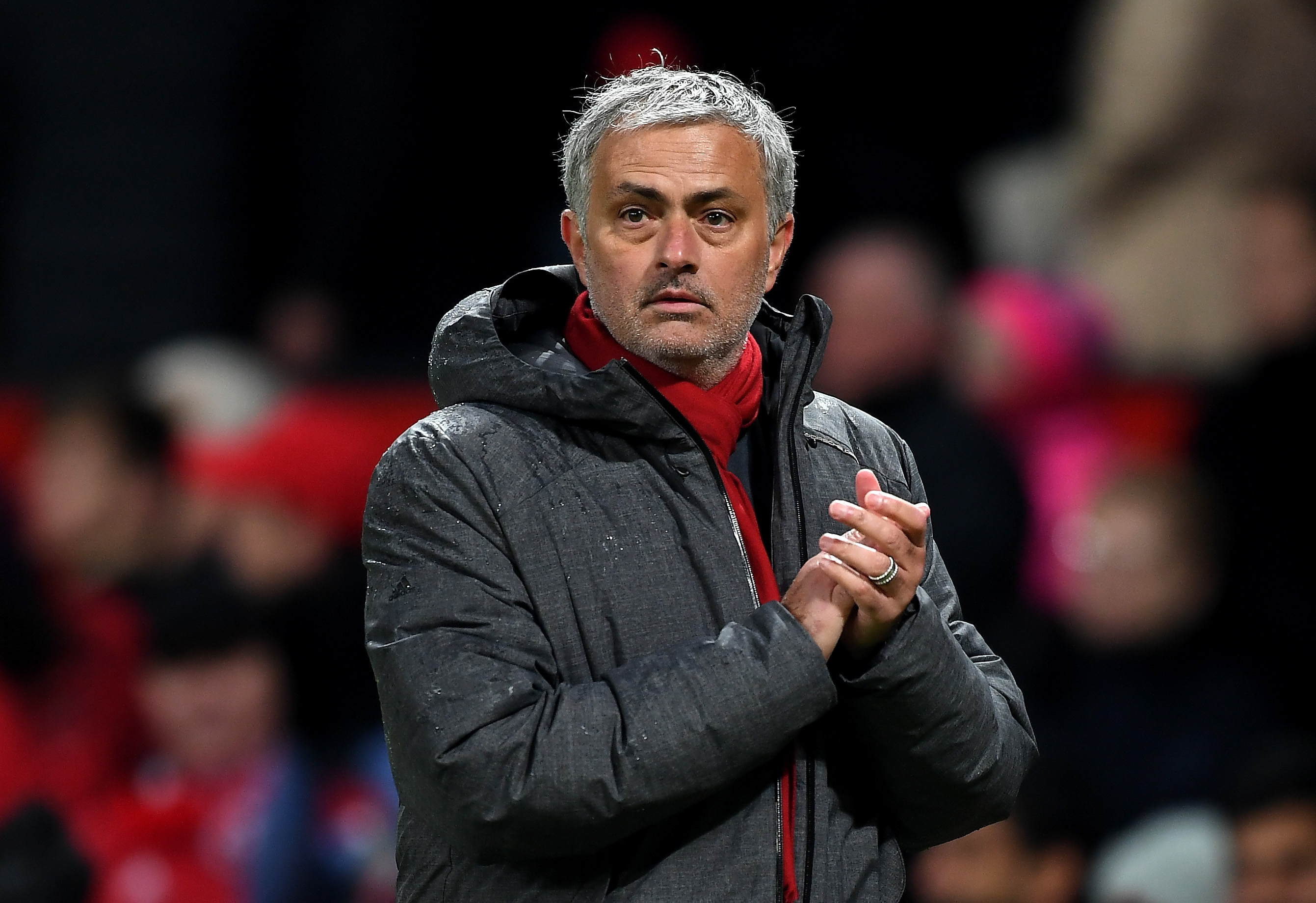 MANCHESTER, ENGLAND - JANUARY 15: Jose Mourinho, Manager of Manchester United reacts after the full time whistle in the Premier League match between Manchester United and Stoke City at Old Trafford on January 15, 2018 in Manchester, England. (Photo by Michael Regan/Getty Images)