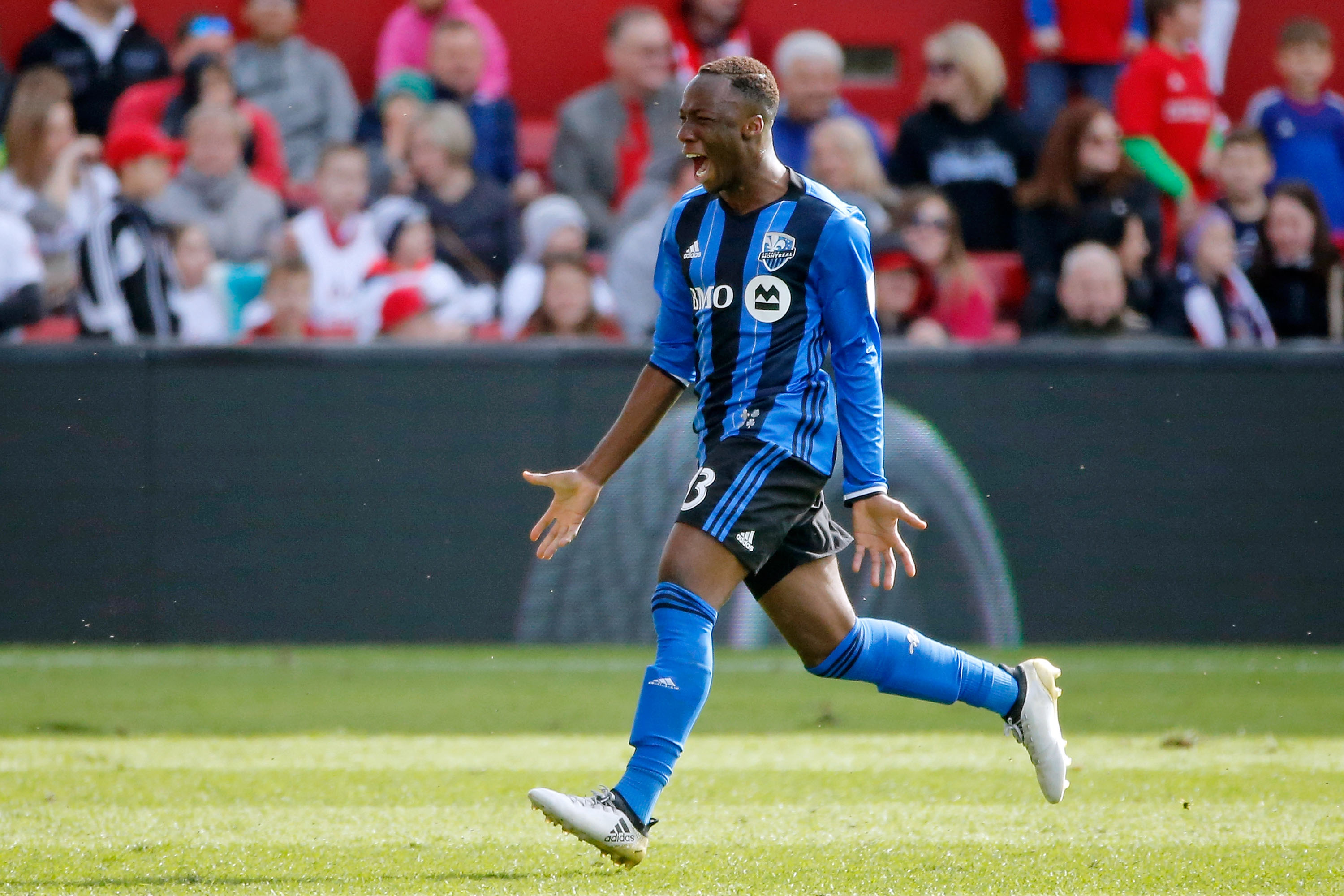 BRIDGEVIEW, IL - APRIL 01: Ballou Tabla #13 of Montreal Impact celebrates after scoring a goal against the Chicago Fire during the second half at Toyota Park on April 1, 2017 in Bridgeview, Illinois. The match ended in a 2-2 draw. (Photo by Jon Durr/Bongarts/Getty Images)