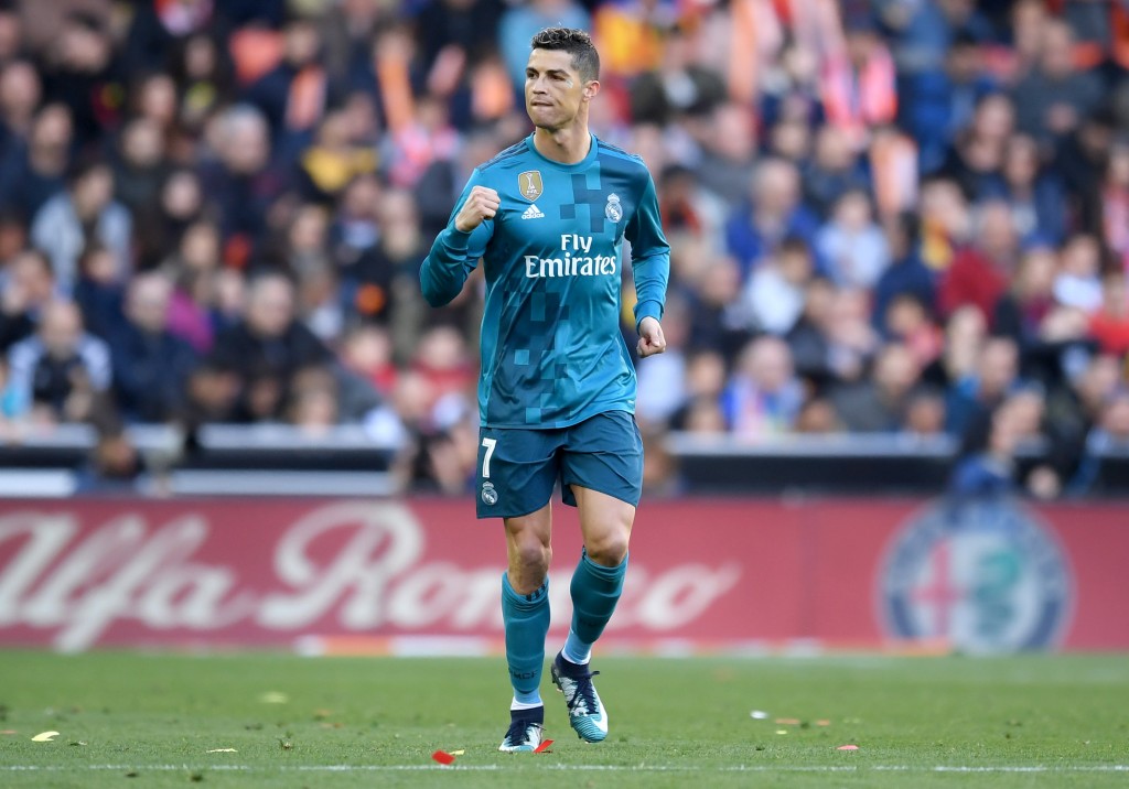 VALENCIA, SPAIN - JANUARY 27: Cristiano Ronaldo of Real Madrid celebrates scoring his side's first goal during the La Liga match between Valencia and Real Madrid at Estadio Mestalla on January 27, 2018 in Valencia, Spain. (Photo by David Ramos/Getty Images)