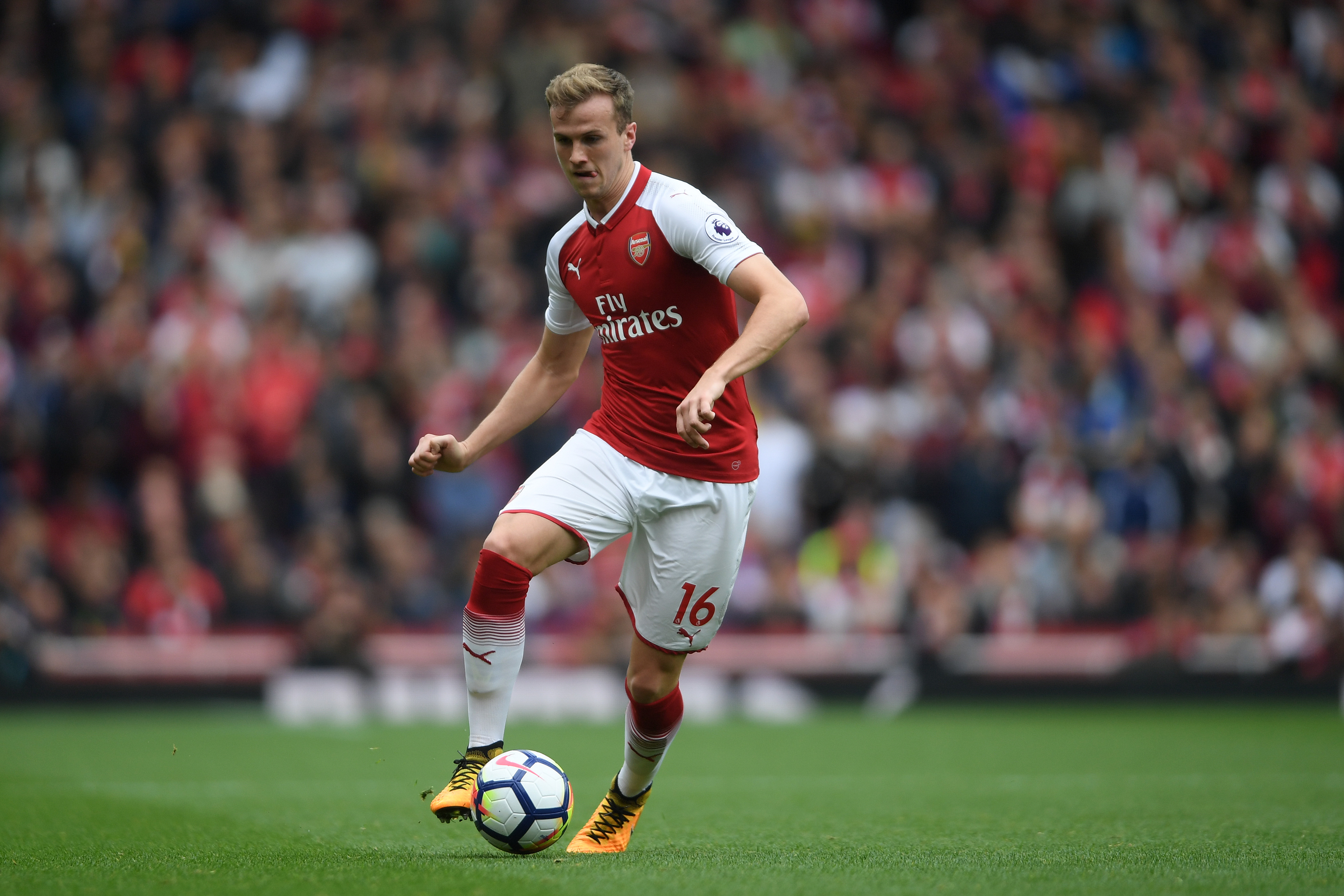 LONDON, ENGLAND - OCTOBER 01: Rob Holding of Arsenal in action during the Premier League match between Arsenal and Brighton and Hove Albion at Emirates Stadium on October 1, 2017 in London, England. (Photo by Mike Hewitt/Getty Images)