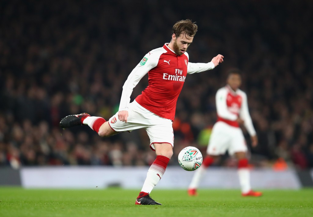 LONDON, ENGLAND - DECEMBER 19: Calum Chambers of Arsenal in action during the Carabao Cup Quarter-Final match between Arsenal and West Ham United at Emirates Stadium on December 19, 2017 in London, England. (Photo by Julian Finney/Getty Images)